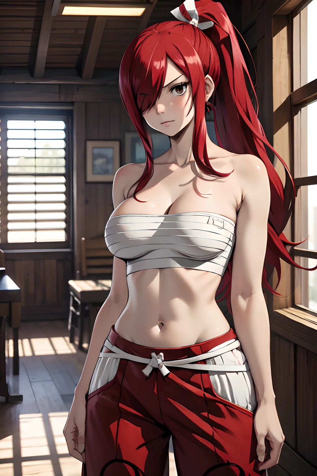 masterpiece, best quality, highres, fairy tail, 1girl, long hair, red hair, ponytail, white ribbon, hair over one eye, brown eyes, large breasts, collarbone, chest sarashi, bandage, bare arms, midriff, red hakama, red pants, cowboy shot, indoors, standing,