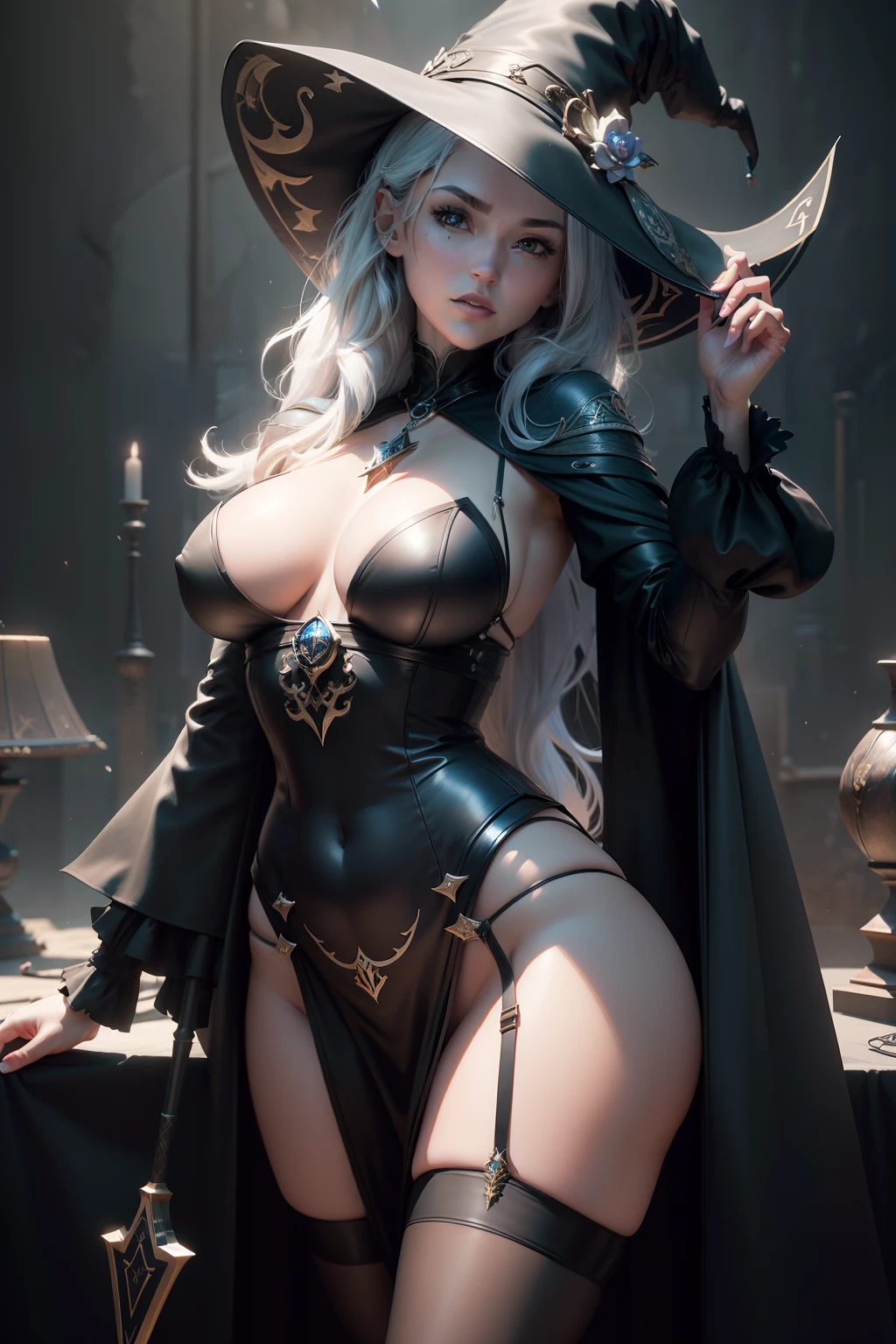 ((Best Quality)), ((masuter piece)), (Detailed: 1.4),  
((Tarot Cards)), (((Sexy Witch))),
Witch in black hat and black leather costume holding long wand, beautiful sorceress, portrait of a sorceress, 
 - V5, close to real,  Sexy Pose, scale to fit the dimensions, nffsw (High dynamic range),Ray tracing,NVIDIA RTX,Hyper-Resolution, UE5,Subsurface Dispersion, PBR Texture, Post-processing, Anisotropy Filtering, depth of fields, Maximum clarity and sharpness, Multilayer textures, Albedo and specular maps, Surface Shading, accurate simulation of light and material interactions, Perfect proportions, Octane Render, Two-tone lighting, Wide aperture, Low ISO,  White Balance, thirds rule, in 8K