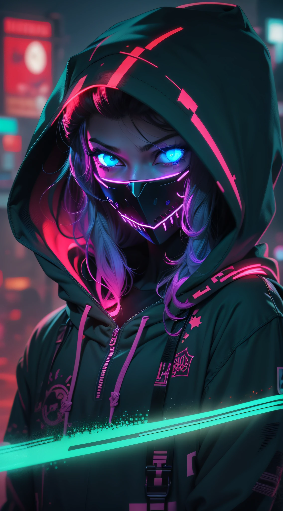 a person in a hoodie with a neon mask on, ghost neon, neon and dark, profile picture 1024px, background artwork, dark art style, neon cyberpunk, evil smile and glowing eyes, synthwave art, neon noir, cyberpunk art style, scary style, bright cyberpunk glow, neon digital art, wallpaper 4k, wallpaper 4 k