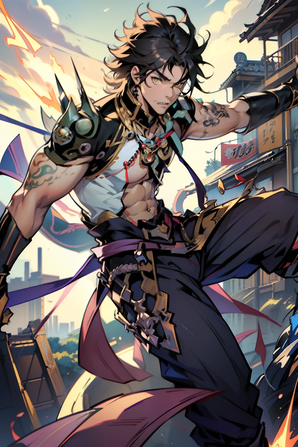 male people,((Masterpiece)), ((Best quality)), Ultra detailed,((illustration)), Dynamic Angle, Detailed light, (Delicate eyes), Floating, 1boy, Male focus, Head, Clothing, Yellow eyes, necklace, tattoo, (Forehead:0.8), (ahoge:0.8), jewelry, apathy,Ray, chest muscle, Sexy ,frontage,style of anime4 K, 4K anime wallpaper, Badass anime 8 K, 4 k comic wallpaper, young anime man, Anime boys, Anime wallpapers 4 k, Anime wallpaper 4K, High quality anime art style, Anime moe art style, Anime art wallpaper 8 K, Anime art wallpaper 4 K, RGB lighting