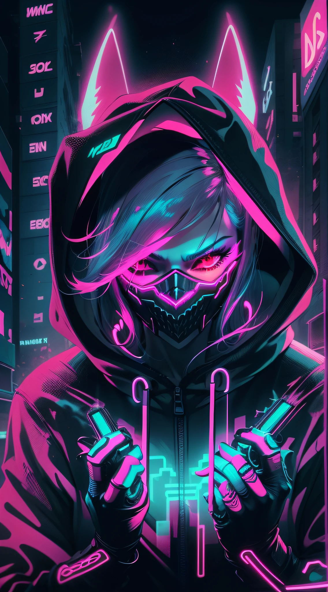 a person in a hoodie with a neon mask on, ghost neon, neon and dark, profile picture 1024px, background artwork, dark art style, neon cyberpunk, evil smile and glowing eyes, synthwave art, neon noir, cyberpunk art style, scary style, bright cyberpunk glow, neon digital art, wallpaper 4k, wallpaper 4 k