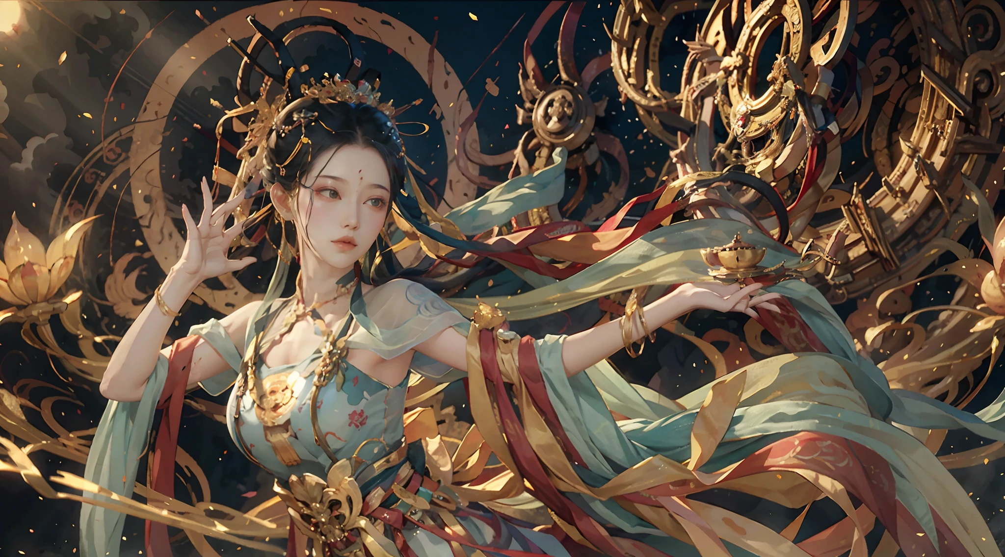 (An ancient Chinese painting,best qualtiy, tmasterpiece:1.2), (realisticlying, photograph realistic:1.4), (Very detailed CG unity 8K wallpaper), (dunhuang_dress:1.2), (1girl fly in the air:1.5), (Play the lute in your hand:1.5),(full bodyesbian:1.5), (独奏:1.1), mediuml breasts, (Long floating hair), Jewelry in hair, The is very detailed, (Dance:1.4),(Floating ribbon:1.6), ventania, (style-swirlmagic:1.1), (Rainbow candy:0.85),Auspicious clouds, Chinese landscape, dream magical, Spectacular, (Mist:1.4),Solo,The right human body,((Correct hand mechanism)),Clear fingers,Five fingers,Buddhist totem background,Wall paintings,tmasterpiece, super detailing, Epic composition, hyper HD, high qulity, extremely detaile, offcial art, 统一 8k 壁纸, super detailing, 32K