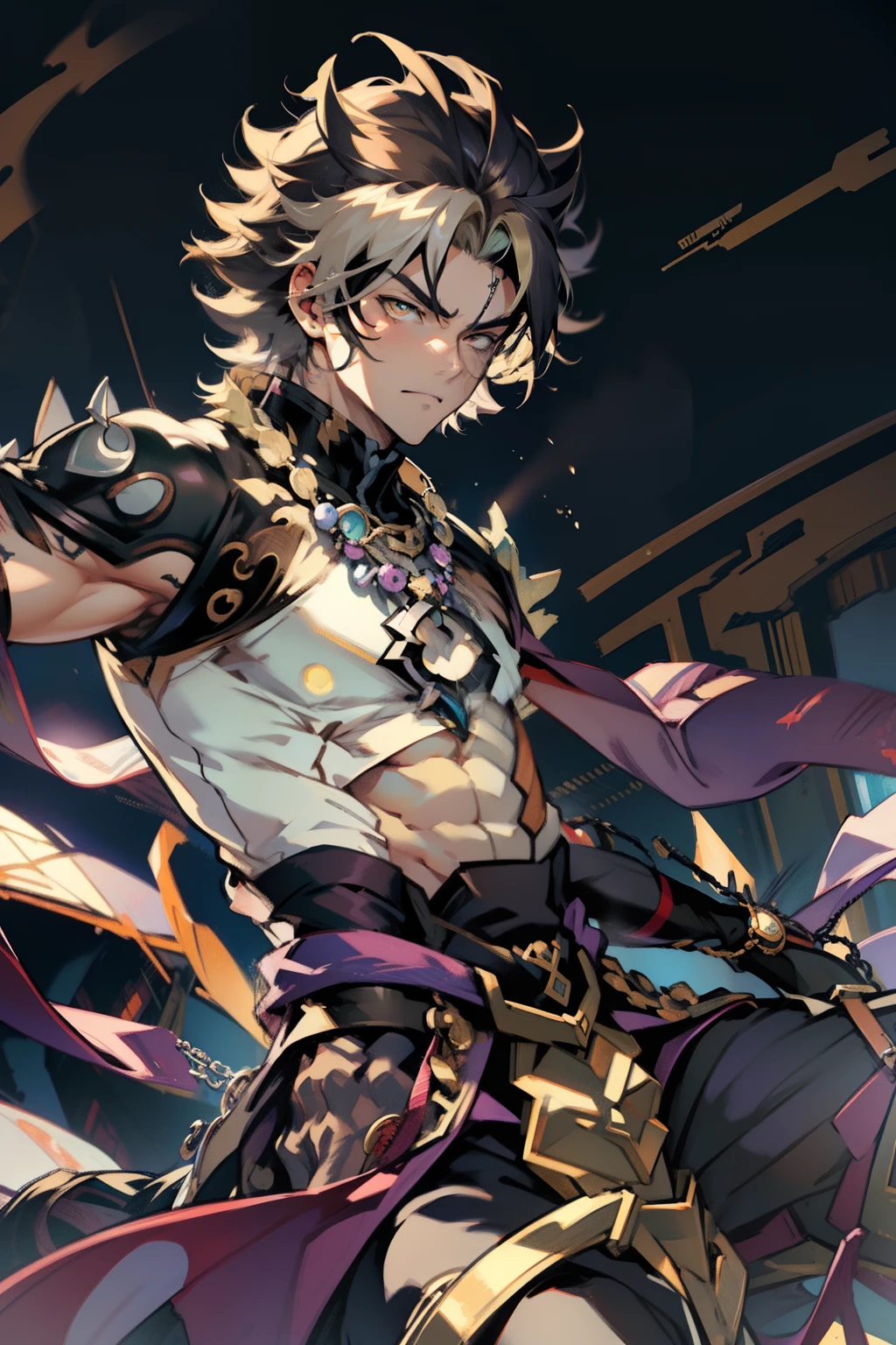 male people,((Masterpiece)), ((Best quality)), Ultra detailed,((illustration)), Dynamic Angle, Detailed light, (Delicate eyes), Floating, 1boy, Male focus, Head, Clothing, Yellow eyes, necklace, tattoo, (Forehead:0.8), (ahoge:0.8), jewelry, apathy,Ray, chest muscle, Sexy ,frontage,style of anime4 K, 4K anime wallpaper, Badass anime 8 K, 4 k comic wallpaper, young anime man, Anime boys, Anime wallpapers 4 k, Anime wallpaper 4K, High quality anime art style, Anime moe art style, Anime art wallpaper 8 K, Anime art wallpaper 4 K, RGB lighting