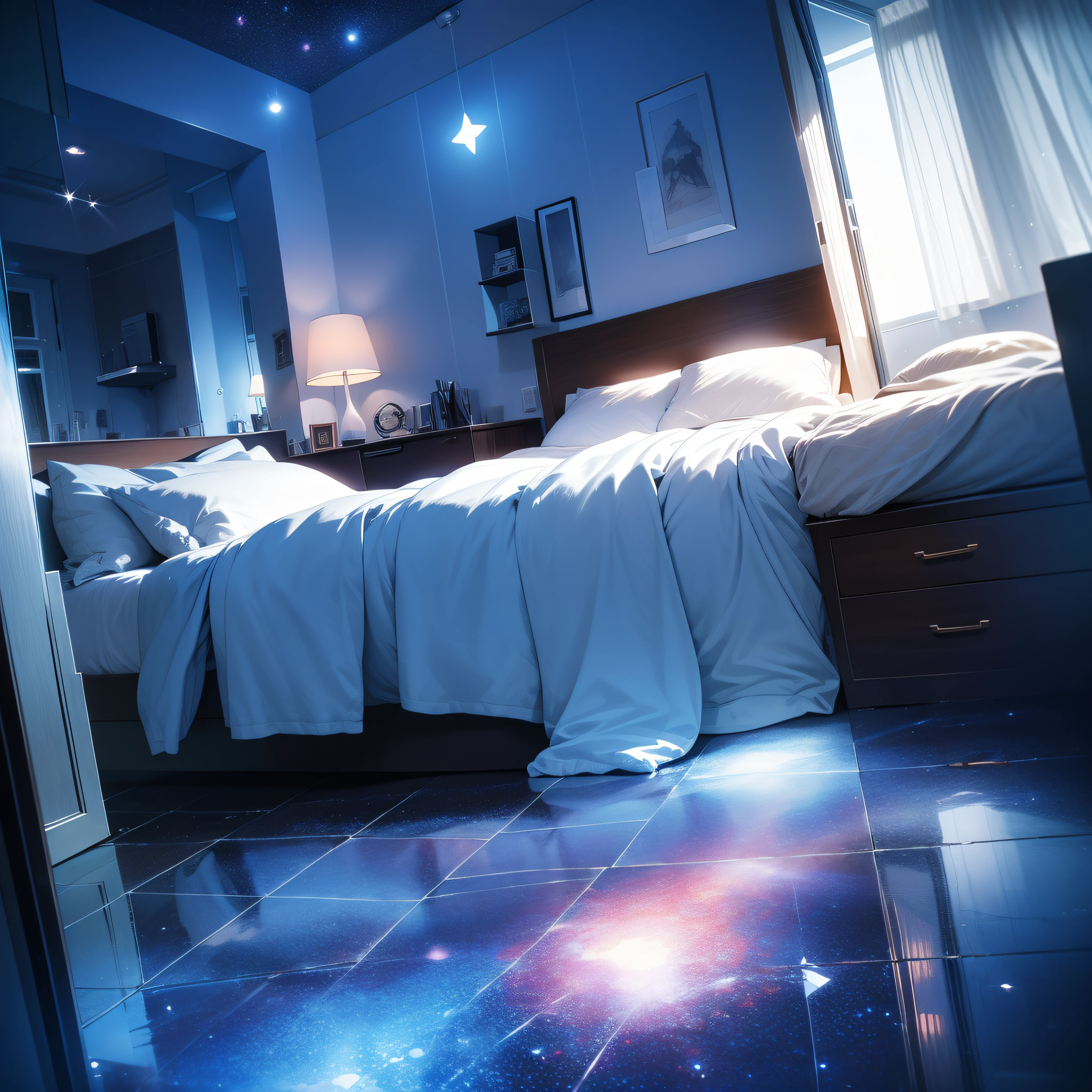 A gorgeous bed，Floor-to-ceiling night light，Floor-to-ceiling transparent glass doors，Outside is a beautiful starry sky，Dark scene