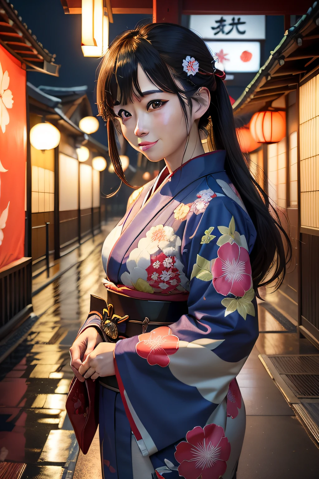 ((masterpiece)、detaileds、Japan Flag、designs、brightened、Cool、neon color)Sightseeing in Japan、The beautiful Yamato caresser came for sightseeing。I'm wearing a kimono。Smiling and having fun。