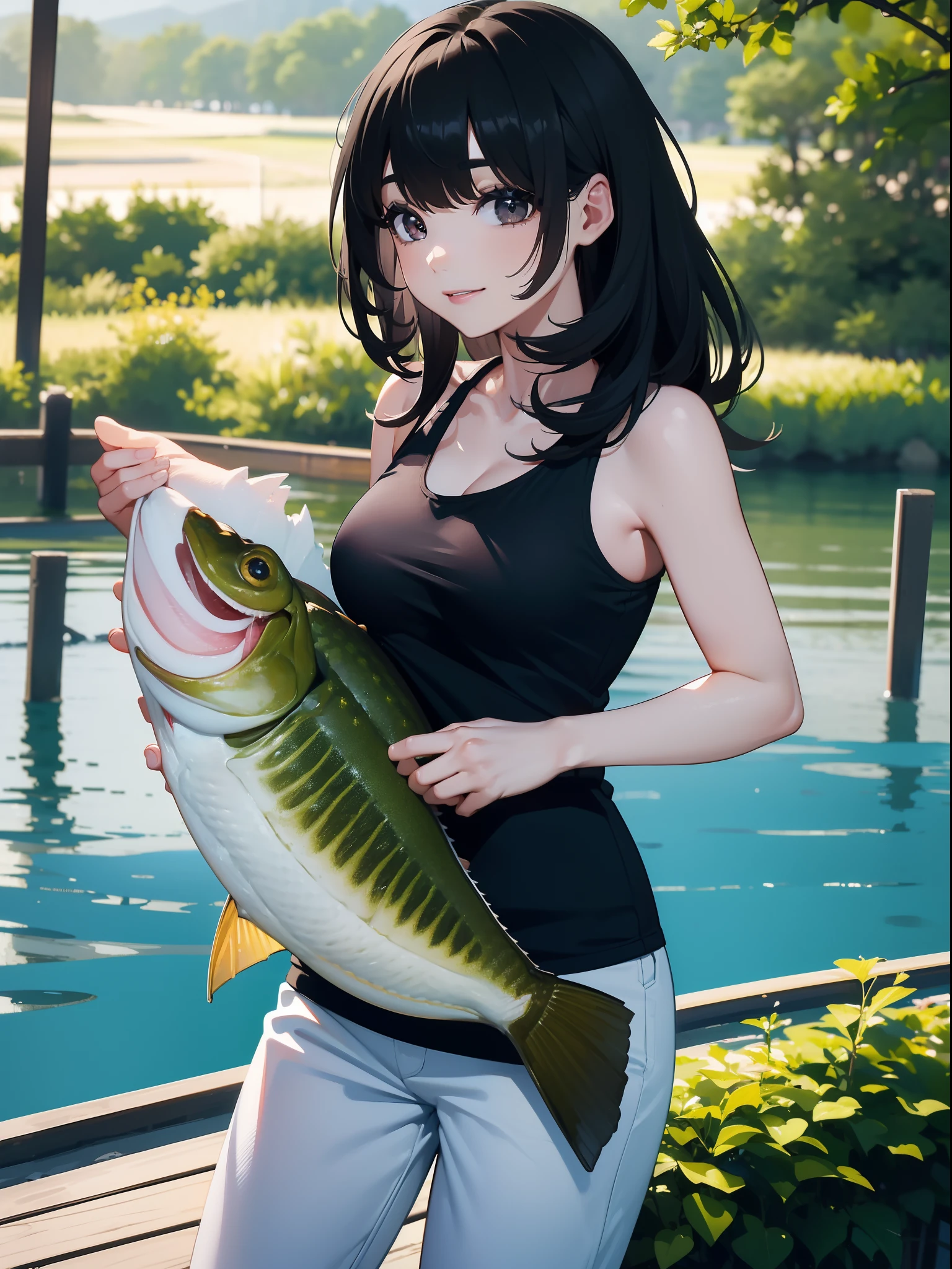 (((Catching a large mouth bass by the lake))),((Best quality, 8k, Masterpiece :1.3))black hair, longeyelashes, solid circle eyes, light smile, drop shadow, atmospheric perspective, 8k, super detail, ccurate, best quality, small breasts,black jacket, Black Tank Top ,white_pants,