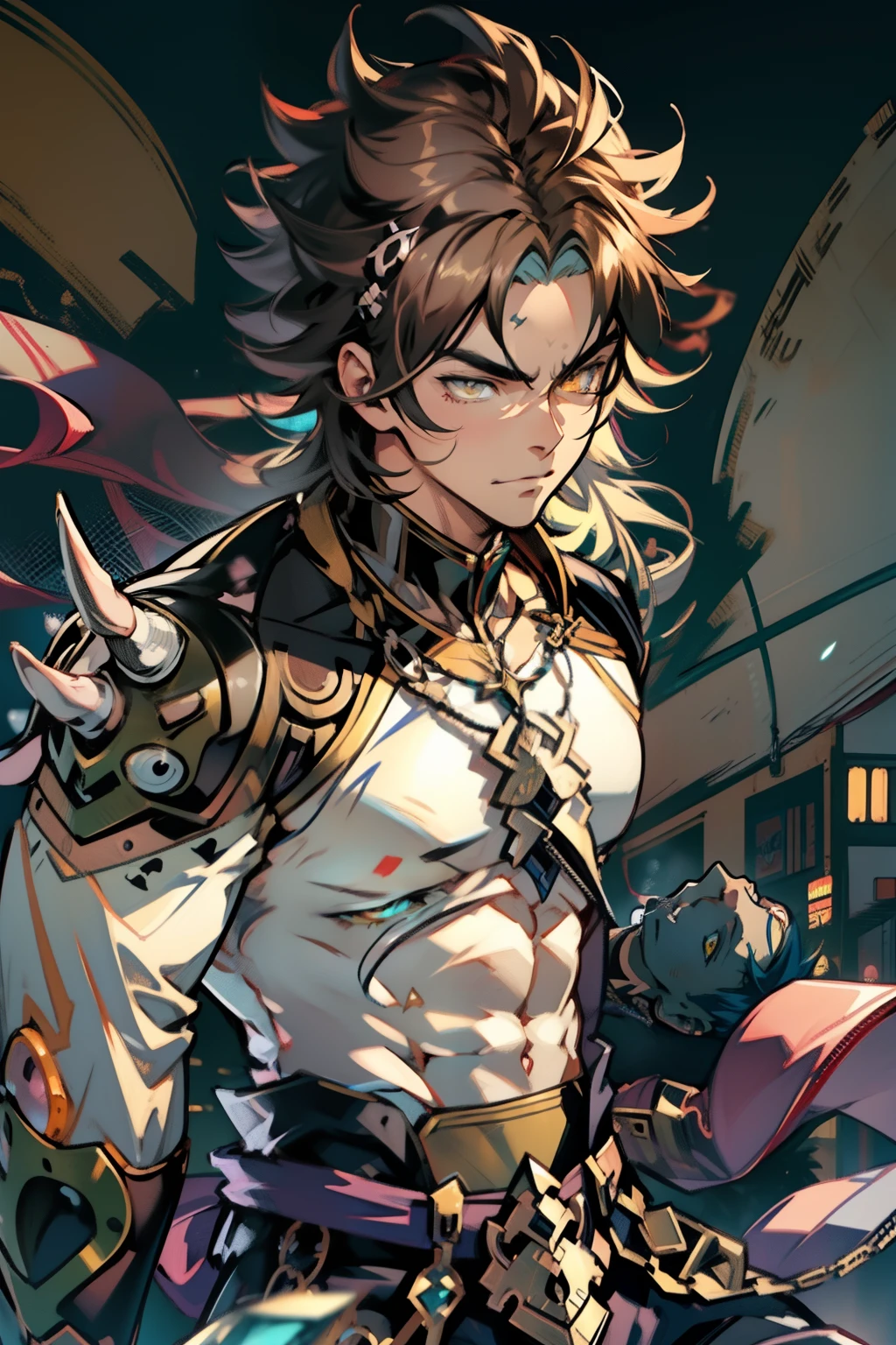 male people,((Masterpiece)), ((Best quality)), Ultra detailed,((illustration)), Dynamic Angle, Detailed light, (Delicate eyes), Floating, 1boy, Male focus, Head, Clothing, Yellow eyes, necklace, tattoo, (Forehead:0.8), (ahoge:0.8), jewelry, apathy,Ray, chest muscle, Sexy ,frontage,style of anime4 K, 4K anime wallpaper, Badass anime 8 K, 4 k comic wallpaper, young anime man, Anime boys, Anime wallpapers 4 k, Anime wallpaper 4K, High quality anime art style, Anime moe art style, Anime art wallpaper 8 K, Anime art wallpaper 4 K, RGB lighting