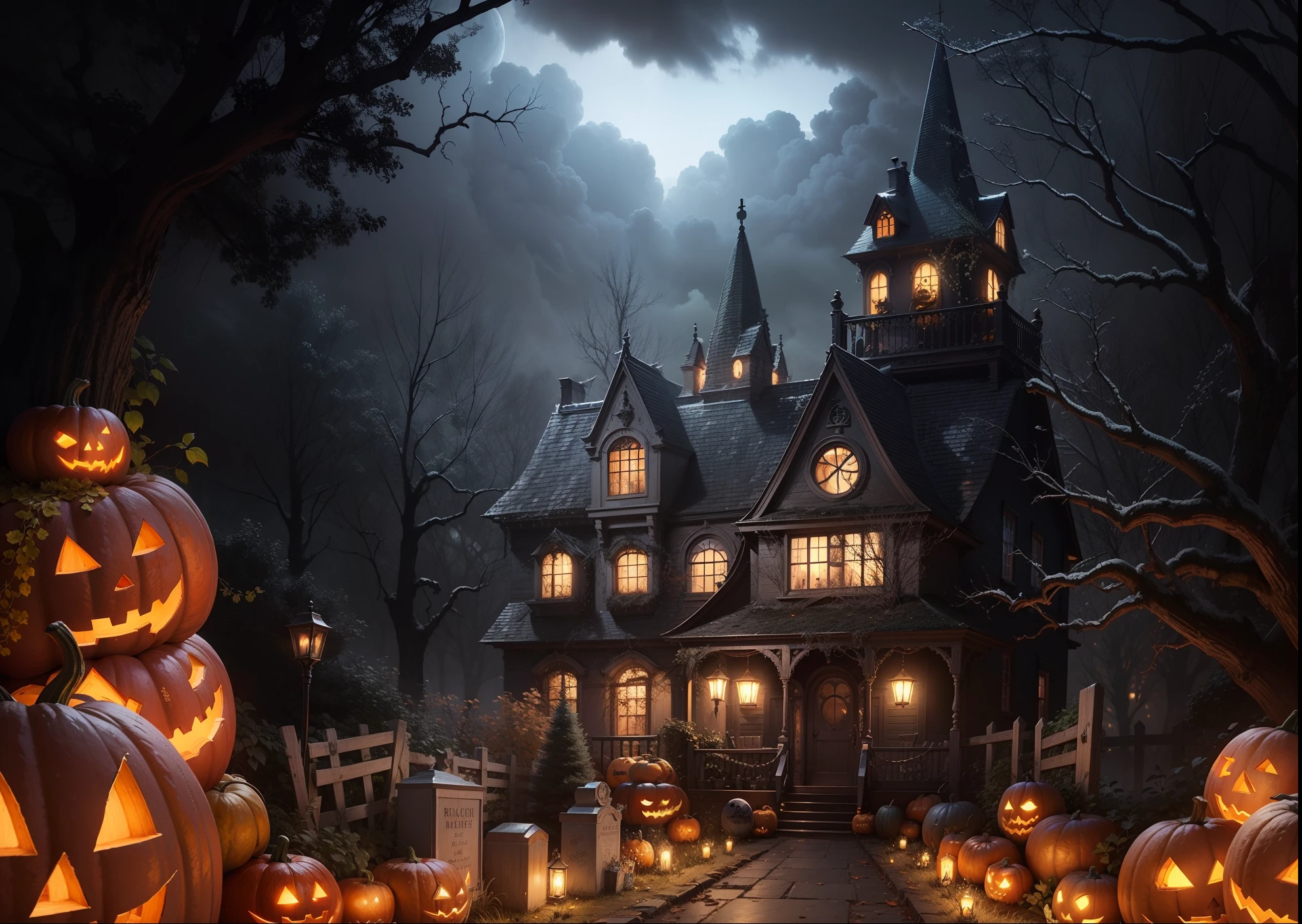 digitial painting，best qualtiy，tmasterpiece，CG illustration，halloween scene，The yard has a creepy house and pumpkins, grave stones，tombs，halloween scene, spooky mansion, halloween atmosphere, haunted house themed, spooky halloween night, haunted background, halloween night, haunted house, spooky and scary atmosphere, haunting and spooky, Night of horrors, halloween art style, scary magical background, halloween celebration, Haunted painting, ultra detailed haunted house"