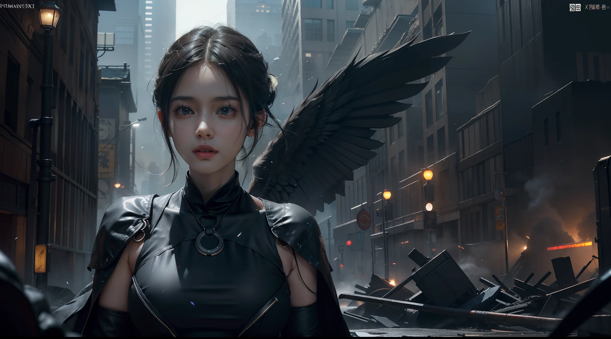 ((best qualtiy)), ((tmasterpiece)), ((Realistis)), (A detailed), (realisticlying:1.5),illusory engine, (High detail: 1.9),(femele:1.4),(big breasts beautiful: 1.4),(carismatic:1.3), (Large breasts), Female angel, ((Black wings)),black toga,beuaty girl,beauitful face, looking at viewert, dynamicposes, postapocalyptic, Destroyed city background, scientific fiction, hdr, Ray traching, NVIDIA RTX, Hyper-Resolution, Unreal 5, sub surface scattering, PBR textures, Post-processing, Anisotropic filtering, depth of fields, Maximum clarity and sharpness, trichotomy,8K original,(Luminous Particle:1.4),(VerydetailedCG,Unity 8k壁纸,cinmatic lighting,lens flare glow),Reflectors,Sharp focus,