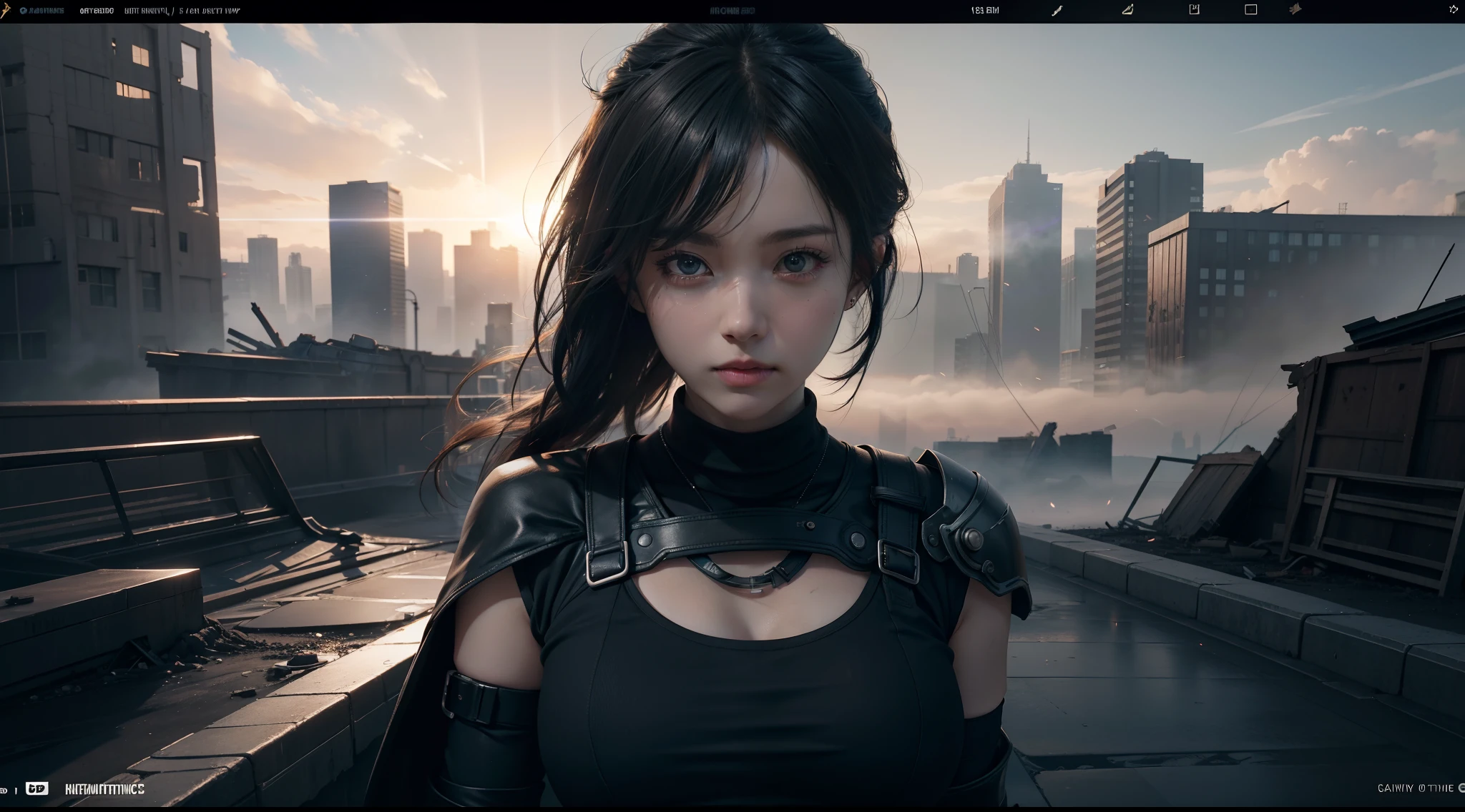 ((best qualtiy)), ((tmasterpiece)), ((Realistis)), (A detailed), (realisticlying:1.5),illusory engine, (High detail: 1.9),(femele:1.4),(big breasts beautiful: 1.4),(carismatic:1.3), (Large breasts), Female angel, ((Black wings)),black toga,beuaty girl,beauitful face, looking at viewert, dynamicposes, postapocalyptic, Destroyed city background, scientific fiction, hdr, Ray traching, NVIDIA RTX, Hyper-Resolution, Unreal 5, sub surface scattering, PBR textures, Post-processing, Anisotropic filtering, depth of fields, Maximum clarity and sharpness, trichotomy,8K original,(Luminous Particle:1.4),(VerydetailedCG,Unity 8k壁纸,cinmatic lighting,lens flare glow),Reflectors,Sharp focus,