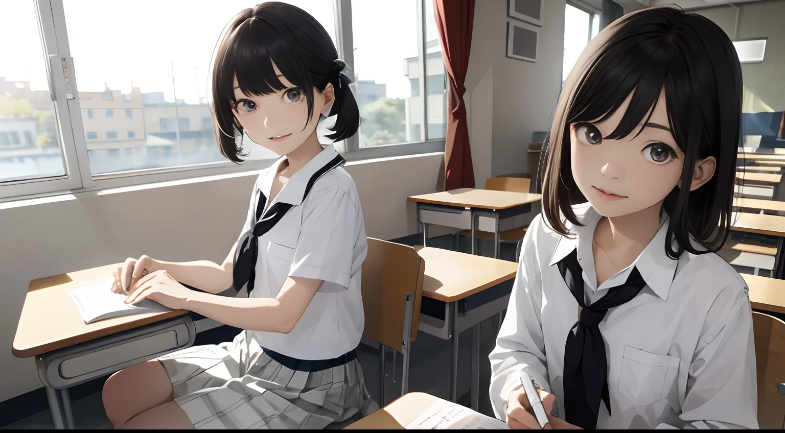 tmasterpiece,A high resolution,ultra - detailed,Gamine,pupils,校服,examination,Classroom,janelas,Do the question,