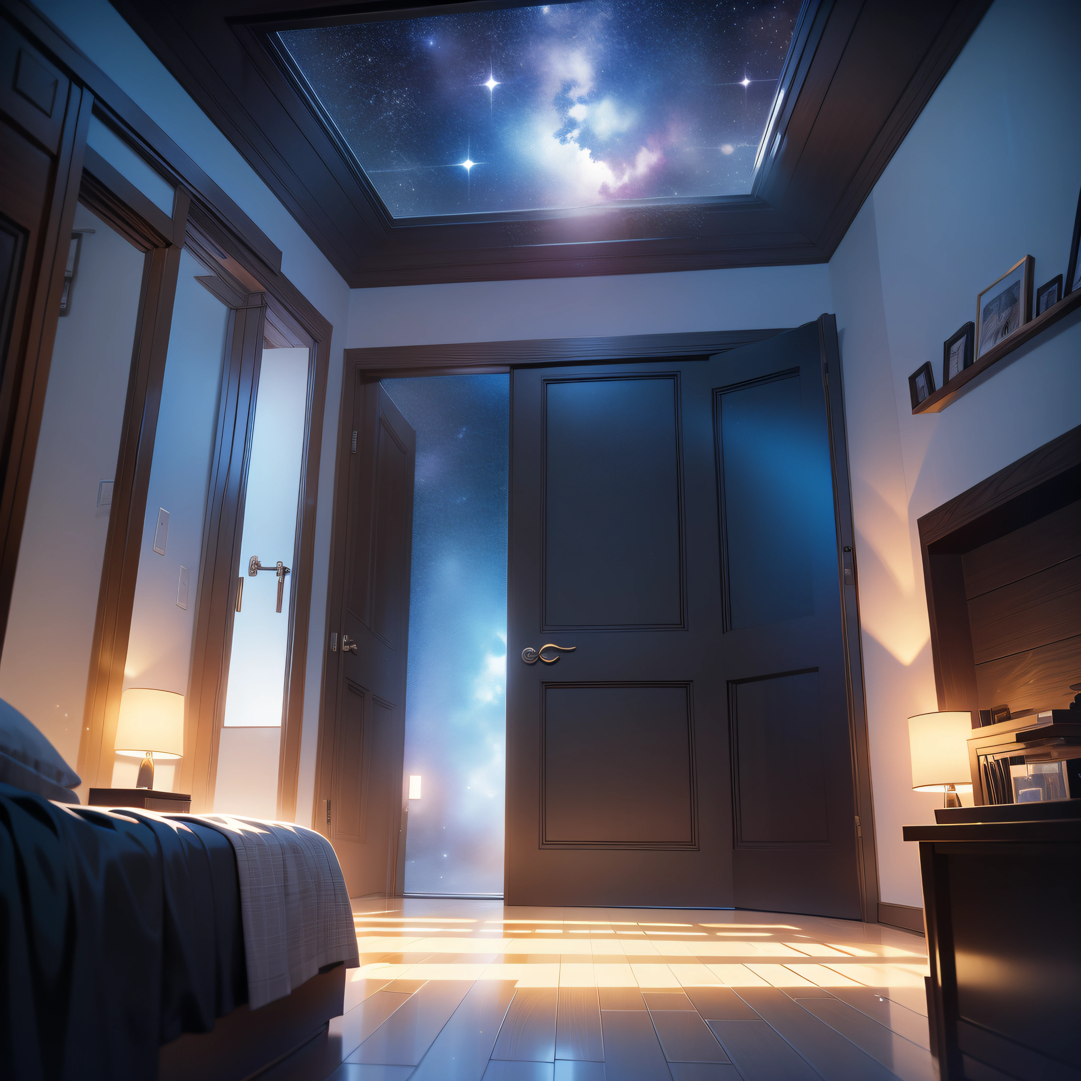 A gorgeous bed,Floor-to-ceiling night light,Floor-to-ceiling transparent glass doors,Outside is a beautiful starry sky,Dark scene