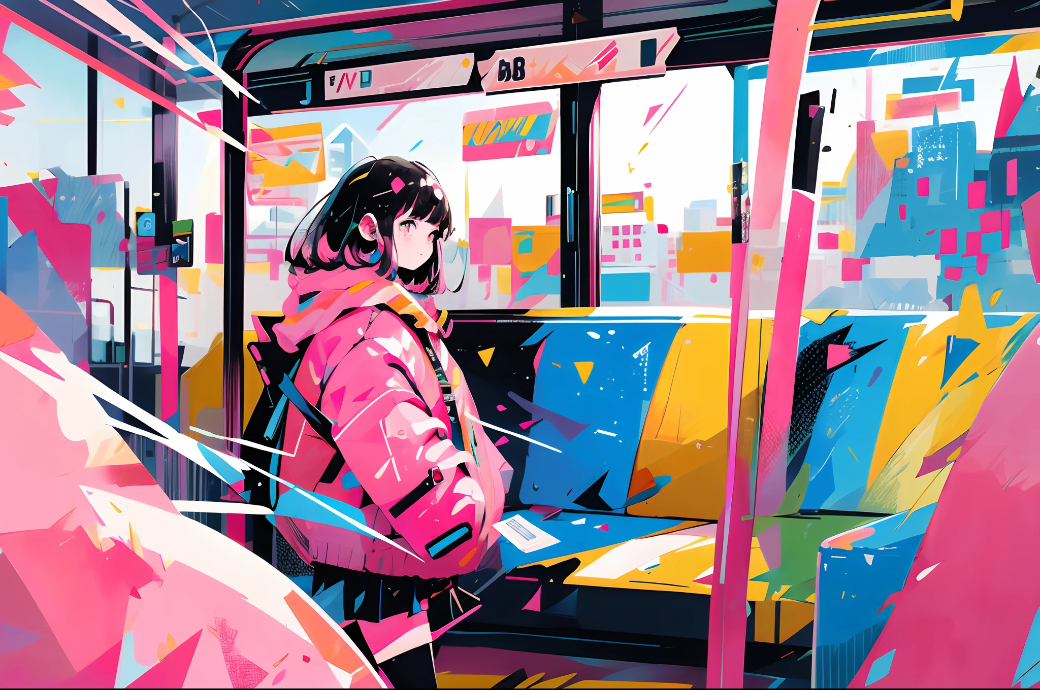 masterpiece, {{{best quality}}}, {{ultra-detailed}}, {illustration}, cinematic angle, {detailed light},cinematic lighting, no humans. 1 bus. A bus journeys west, the windshield flashing pink, pink glancing off of metal, brushing the dented flank of blue, beat-up enamel