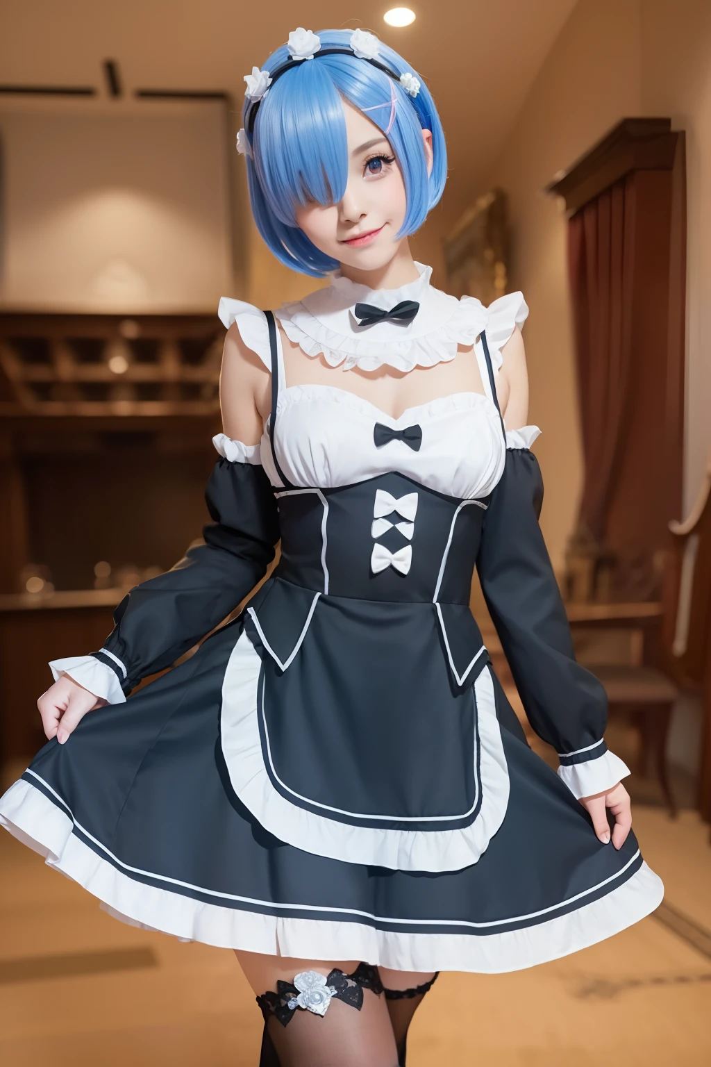 Woman in black maid outfit, a smile, Castle room, rem rezero, loli in dress, 8K!!, anime key visual of elegant, 8K!, Lori, official artwork, sayori, my dress up darling anime, short blue haired woman, Official art, anime moe art style, !8K!, 4K!