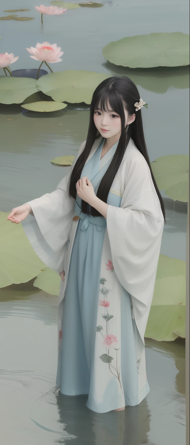 ((4k,masterpiece,best quality)), shuimobysim, Traditional chinese painting, lotuses, Hanfu, maxiskit, Dress conservatively 1girl, solo, blue long hair, Lost smile, standing on your feet, Feet in the water, The barefoot,