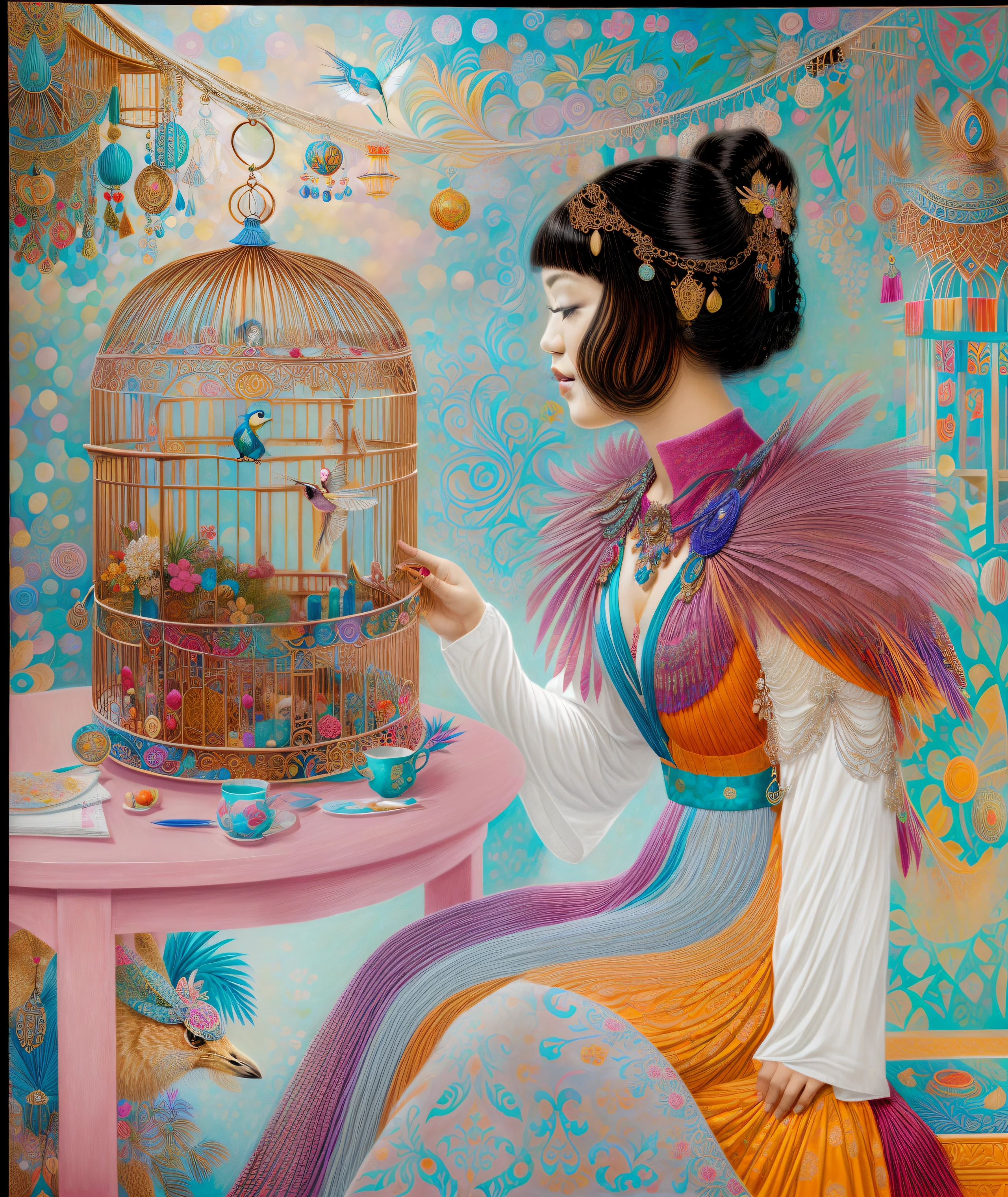 painting of a woman sitting in front of a bird cage, inspired by Naomi Okubo, by Naomi Okubo, inspired by Daniel Merriam, raqib shaw, by Barbara Nessim, inspired by james christensen, in gouache detailed paintings, intricate detailed painting, inspired by James C. Christensen, inspired by Toyohara Chikanobu, intricate colorful masterpiece