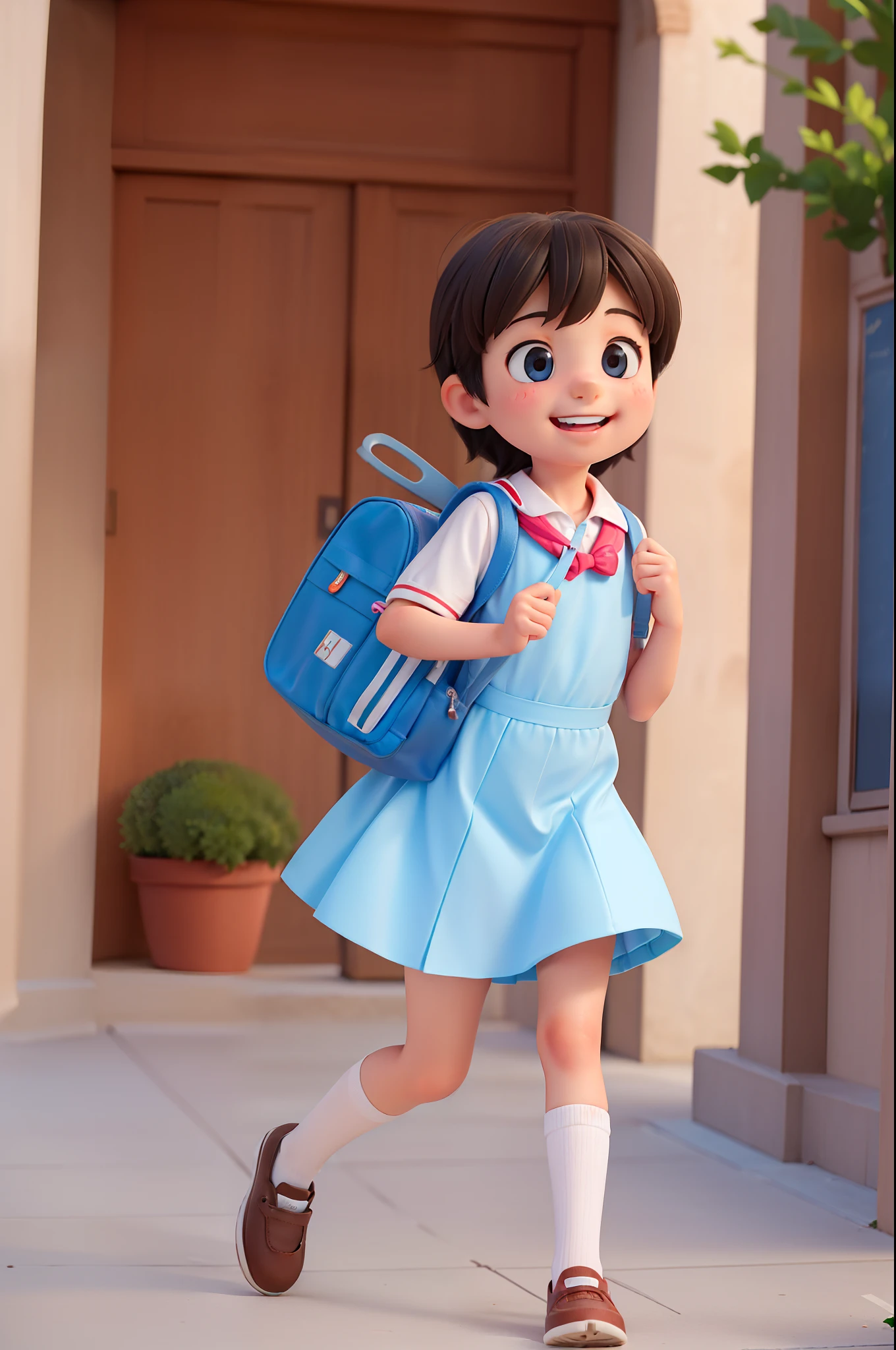 ((A schoolboy runs with a school bag)), (Cute and innocent), (Simple smile), (Student dress-up), (Innocence and childlikeness), (Children's style), (High quality materials)，Ultra HD retina level，tmasterpiece，High-resolution display，super detailing，a realistic style，((Campus background))，Highlight the cute image and innocence of elementary school students。