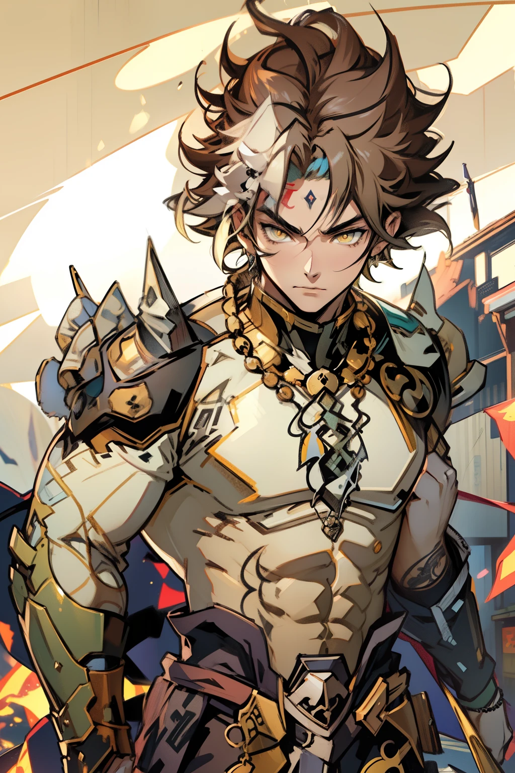 male people,((Masterpiece)), ((Best quality)), Ultra detailed,((illustration)), Dynamic Angle, Detailed light, (Delicate eyes), Floating, 1boy, Male focus, Head, Clothing, Yellow eyes, necklace, tattoo, (Forehead:0.8), (ahoge:0.8), jewelry, apathy,Ray, chest muscle, Sexy ,frontage,style of anime4 K, 4K anime wallpaper, Badass anime 8 K, 4 k comic wallpaper, young anime man, Anime boys, Anime wallpapers 4 k, Anime wallpaper 4K, High quality anime art style, Anime moe art style, Anime art wallpaper 8 K, Anime art wallpaper 4 K, RGB lighting