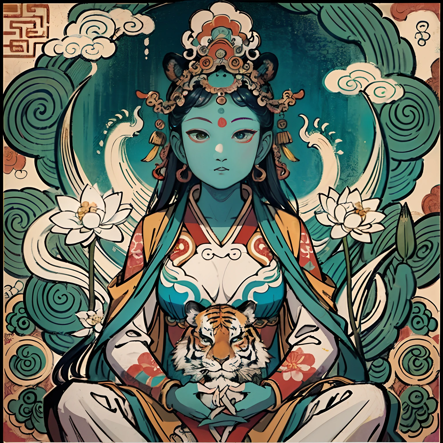 an ancient Chinese goddess, guanyin of the southern seas, Guanyin, Inspired by India, Avalokiteshvara rides a tiger,,Serene expression,shui mo hua,Buddha,Buddhist,Lotus,Chinese painting style,Thangka style