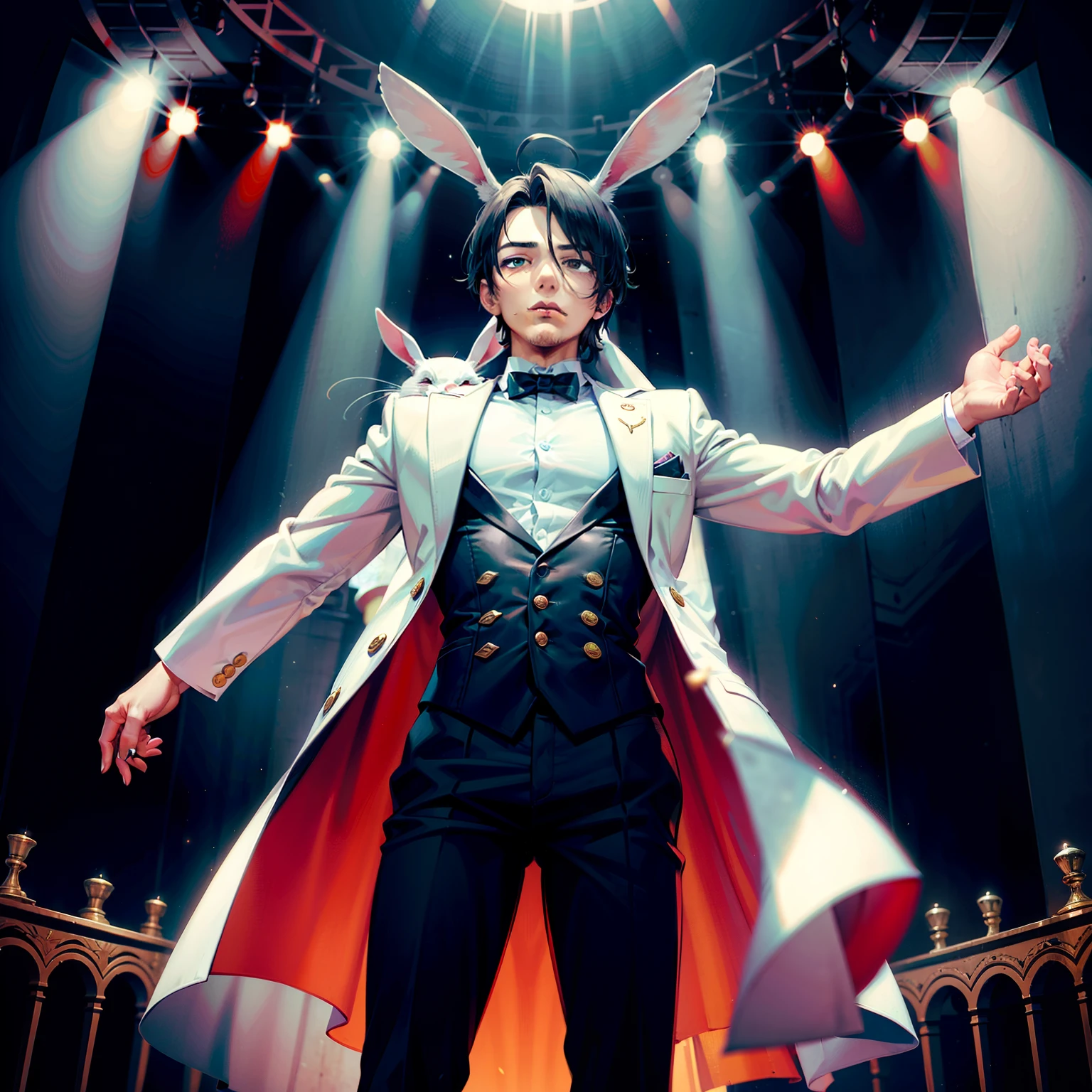 homem, with rabbit head, magica, em palco de circo,