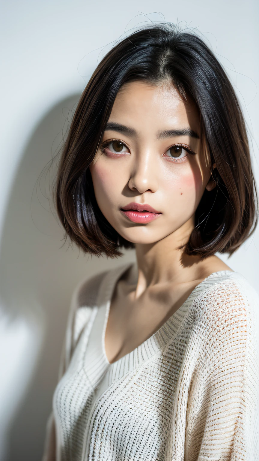 (Melhor qualidade, 8k, 32k, obra-prima, UHD: 1.2), foto da mulher japonesa bonita,nua, seios grandes, cabelo bob muito curto, todo o corpo, oversized_sweater, colar, fundo simples, de cima, olhando para o espectador,