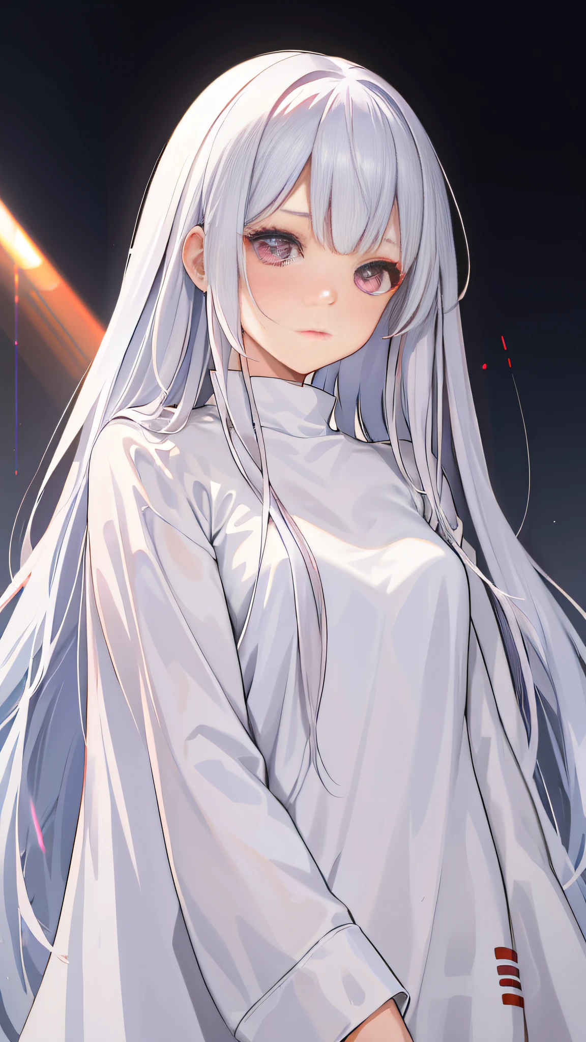 A girl, long white hair, red face, blush, eyeliner, silkworm, long hair, jewel-like eyes, (white T-shirt: 1.5), (laser gradient jacket), laser style hair, HD picture quality, realistic texture, high detail, contour light