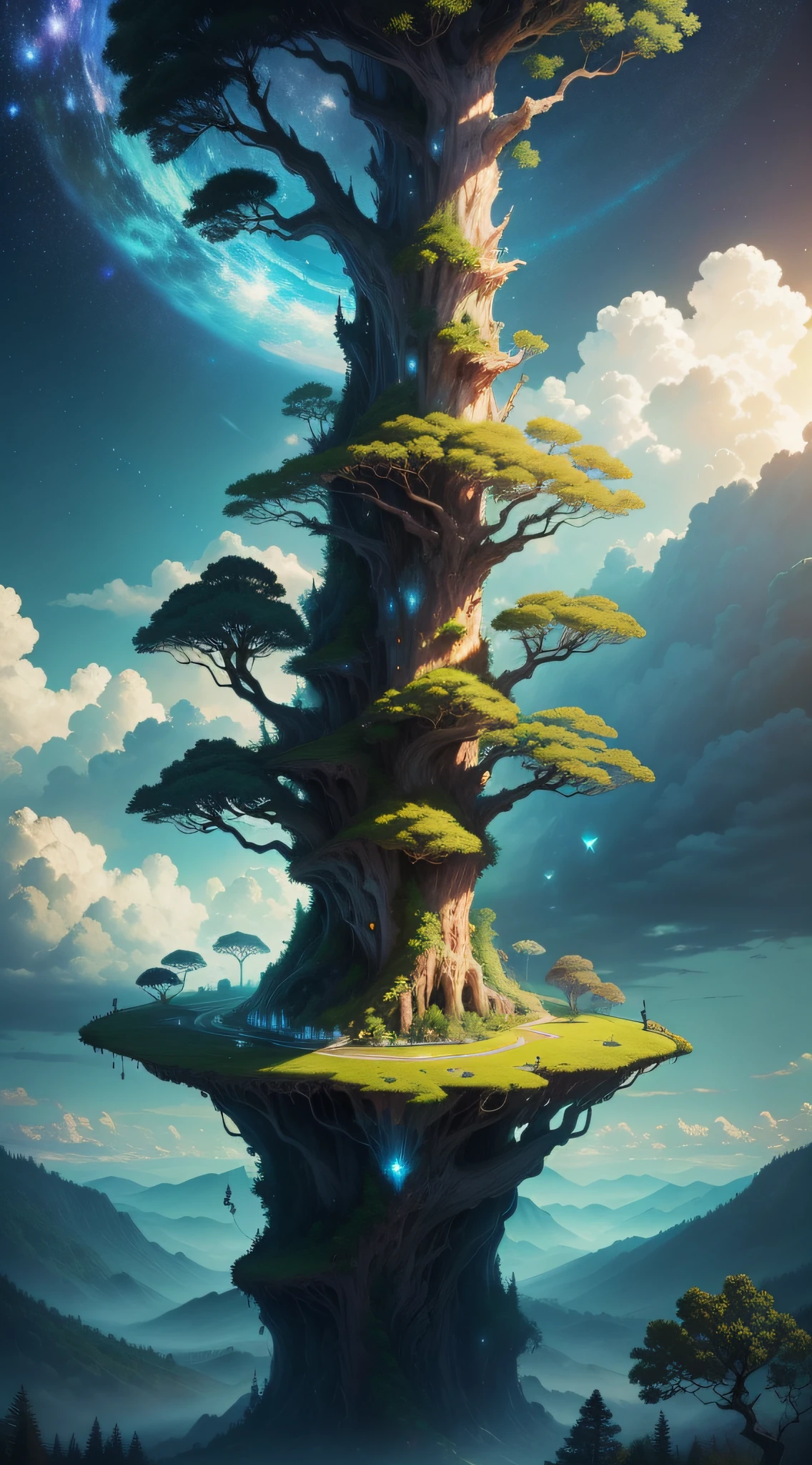 A surreal one、Indisputable to the world、Illustration of a sky scene,Including a crystal giant tree、Detailed and magical lighting、Intricate forest details、and the surrounding rivers and vegetation,Present a solar-punk landscape。There is a giant tree in the picture,Beautiful green leaves and lights create a realistic sense of proportion,It was as if the scene was as beautiful as a movie,The picture quality is 8K,Extremely high quality,It is a masterpiece of art。Additionally,The picture also shows clouds and stars in the sky。