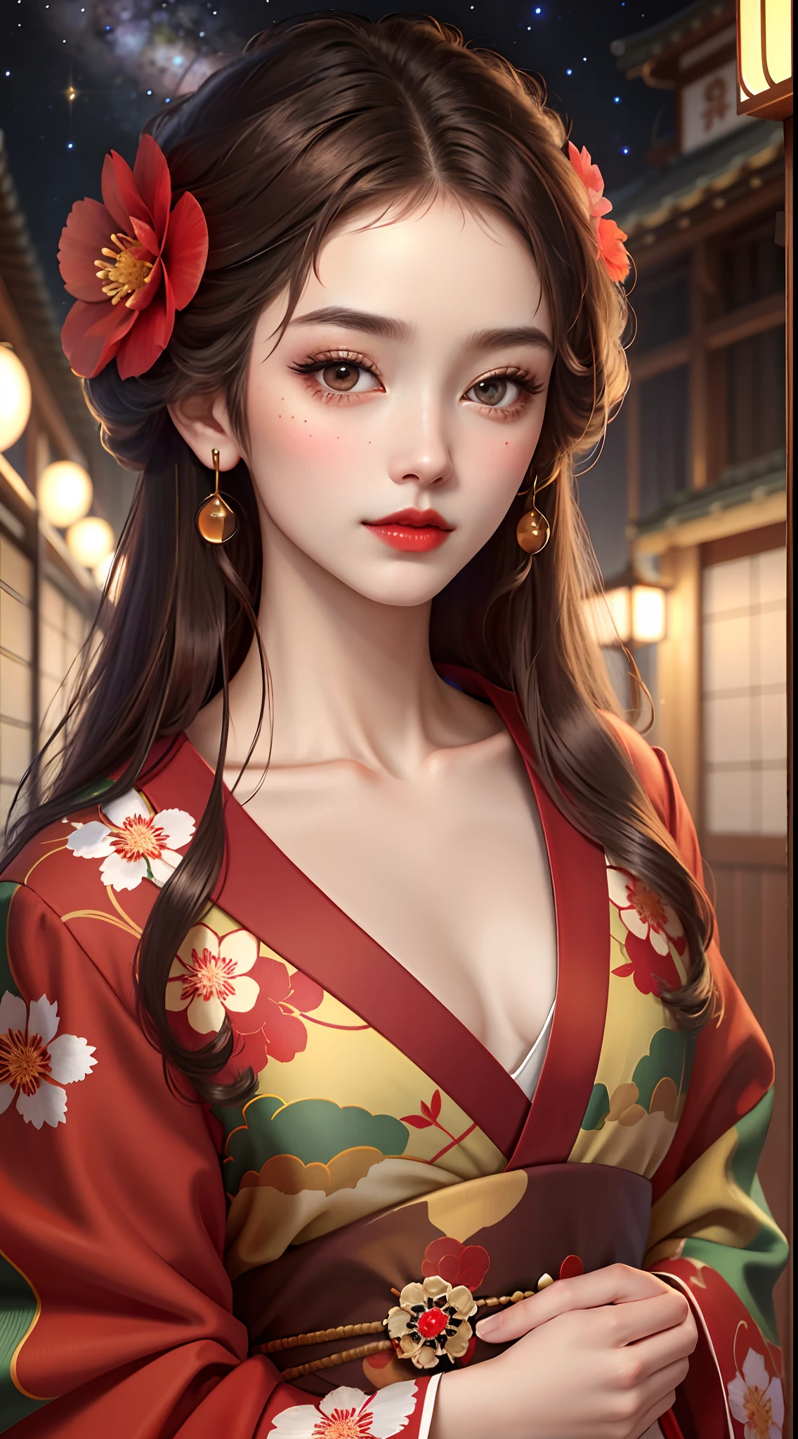 Masterpiece,Best quality,absurderes,Original,Extremely delicate and beautiful,Beautiful detailed eyes and face,1girll, brown_Hair, flower,kimono japanese_clothes, at starrynight, close lip, Looking_at_peeping at the viewer, straight-on, Red_flower, Solo,Red lips,(Masterpiece:1.4),(Best quality:1.4)