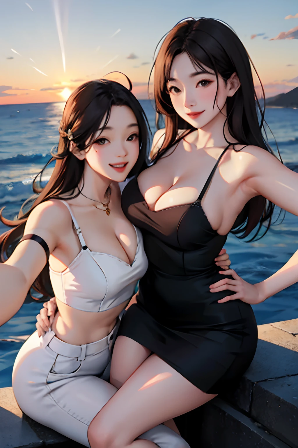 realisticlying、Two Real Adult Women、Taking a selfie、Keep your body in close contact、A slightly larger sea accentuates the sunset、Smile sexily、Cleavage emphasis、Face Real