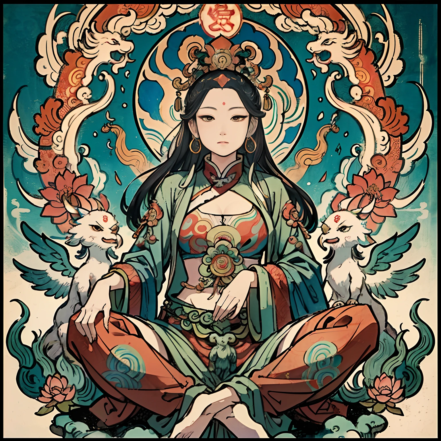an ancient Chinese goddess, guanyin of the southern seas, Guanyin, Inspired by India, Avalokiteshvara rides a phoenix，,Serene expression,shui mo hua,Buddha,Buddhist,Lotus,Chinese painting style,Thangka style