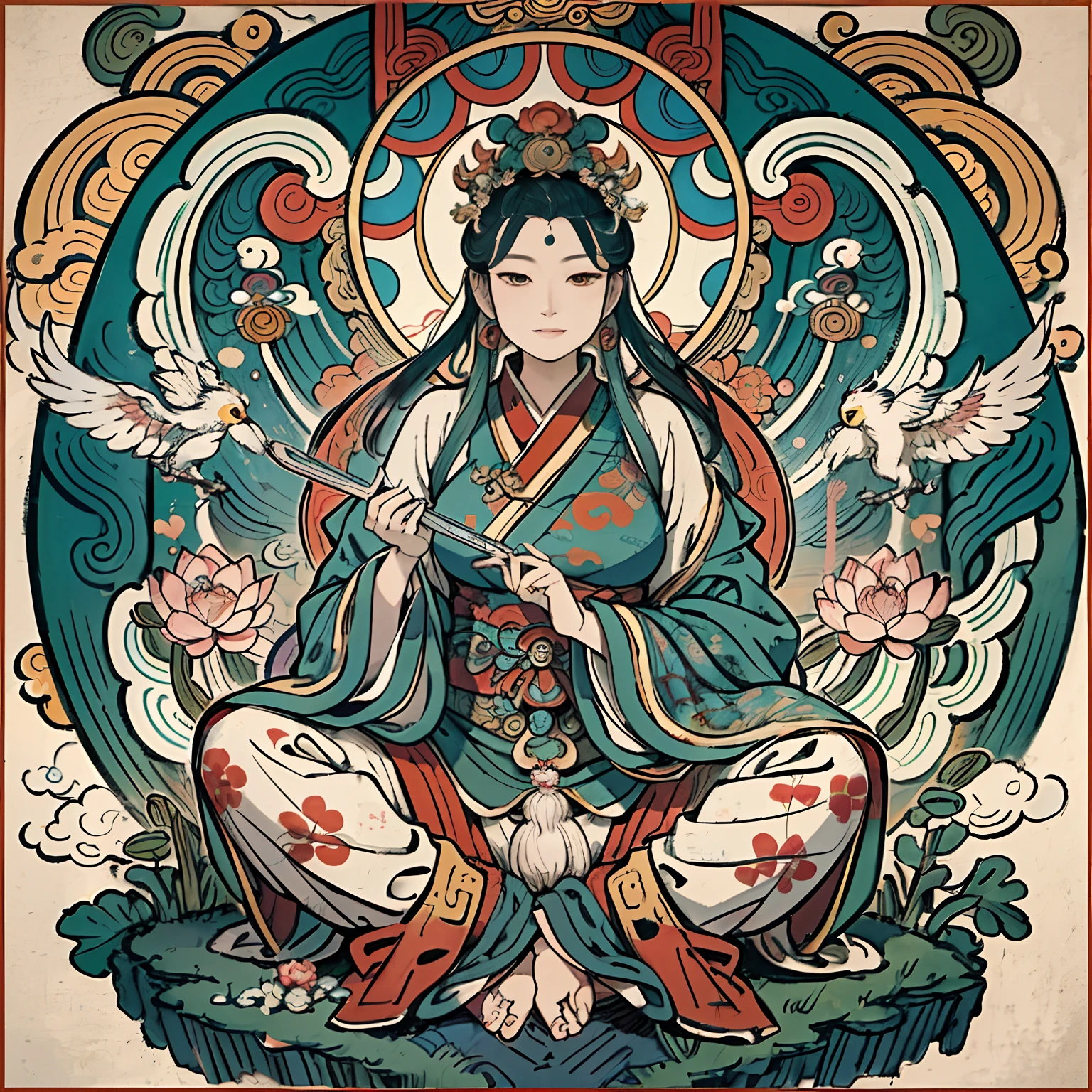 an ancient Chinese goddess, guanyin of the southern seas, Guanyin, Inspired by India, Avalokiteshvara rides a phoenix，,Serene expression,shui mo hua,Buddha,Buddhist,Lotus,Chinese painting style,Thangka style