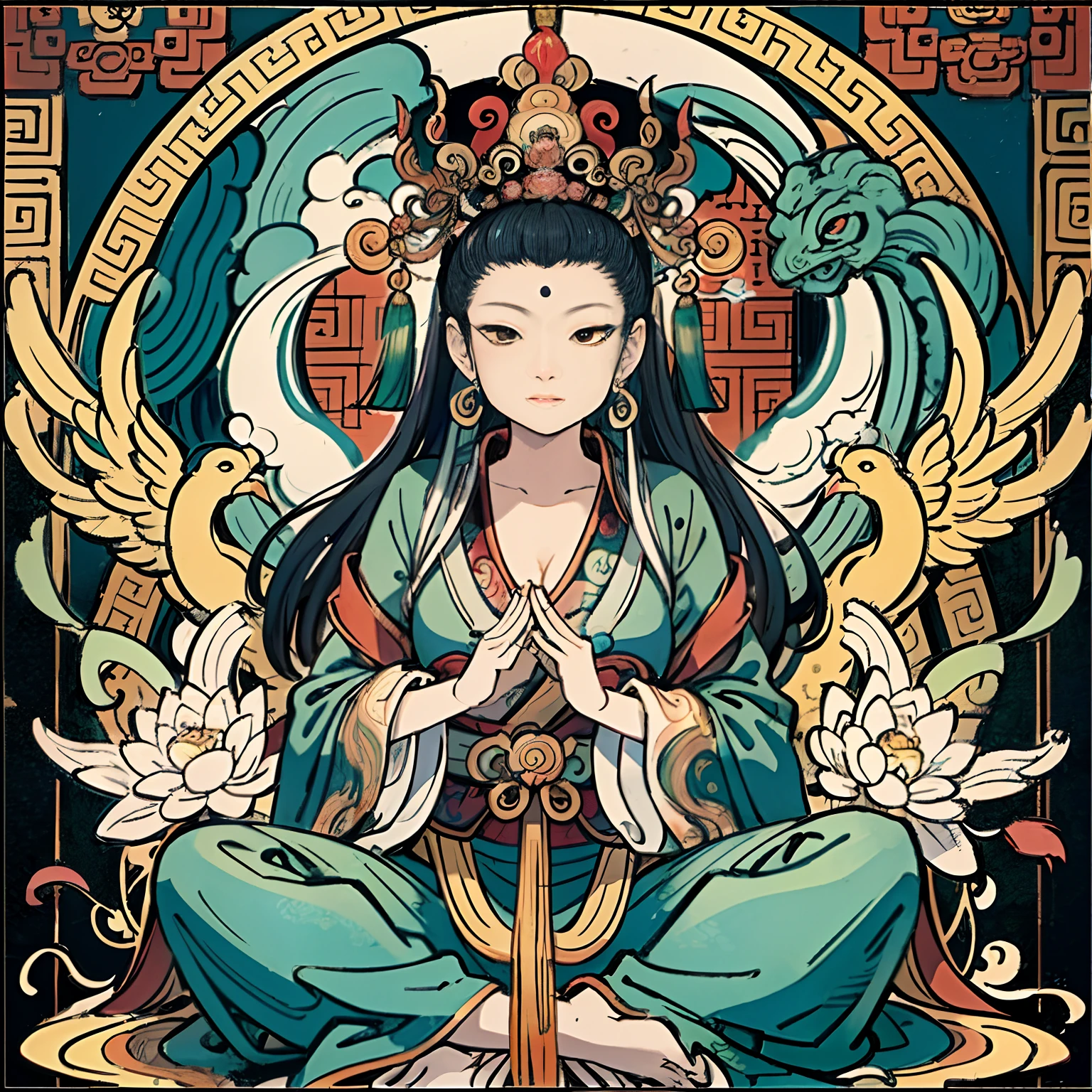 an ancient Chinese goddess, guanyin of the southern seas, Guanyin, Inspired by India, Avalokiteshvara rides a phoenix,,Serene expression,shui mo hua,Buddha,Buddhist,Lotus,Chinese painting style,Thangka style