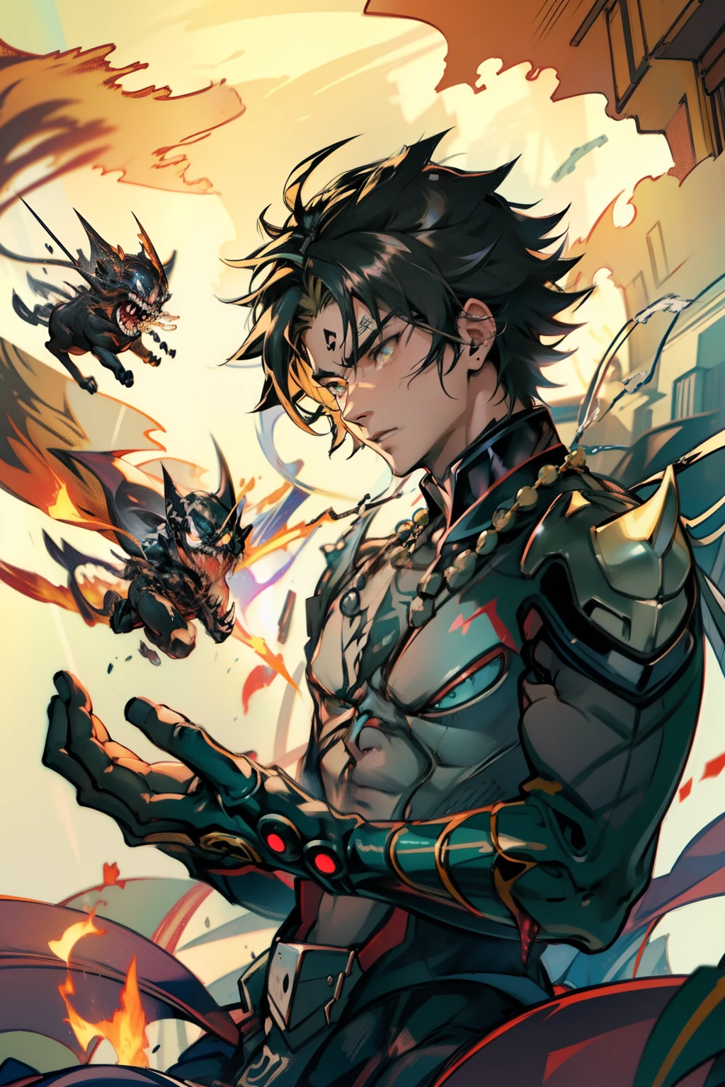 《the original god》Arataki Kazuto , male people,,((Masterpiece)), ((Best quality)), Ultra detailed,((illustration)), Dynamic Angle, Detailed light, (Delicate eyes), Floating, 1boy, Male focus, Head, Clothing, Yellow eyes, necklace, tattoo, (Forehead:0.8), (ahoge:0.8), jewelry, apathy,Ray, chest muscle, Sexy , Venom symbiote for your body, Black mucus of the body , (into venom), Venom,frontage,style of anime4 K, 4K anime wallpaper, Badass anime 8 K, 4 k comic wallpaper, young anime man, Anime boys, Anime wallpapers 4 k, Anime wallpaper 4K, High quality anime art style, Anime moe art style, Anime art wallpaper 8 K, Anime art wallpaper 4 K, RGB lighting