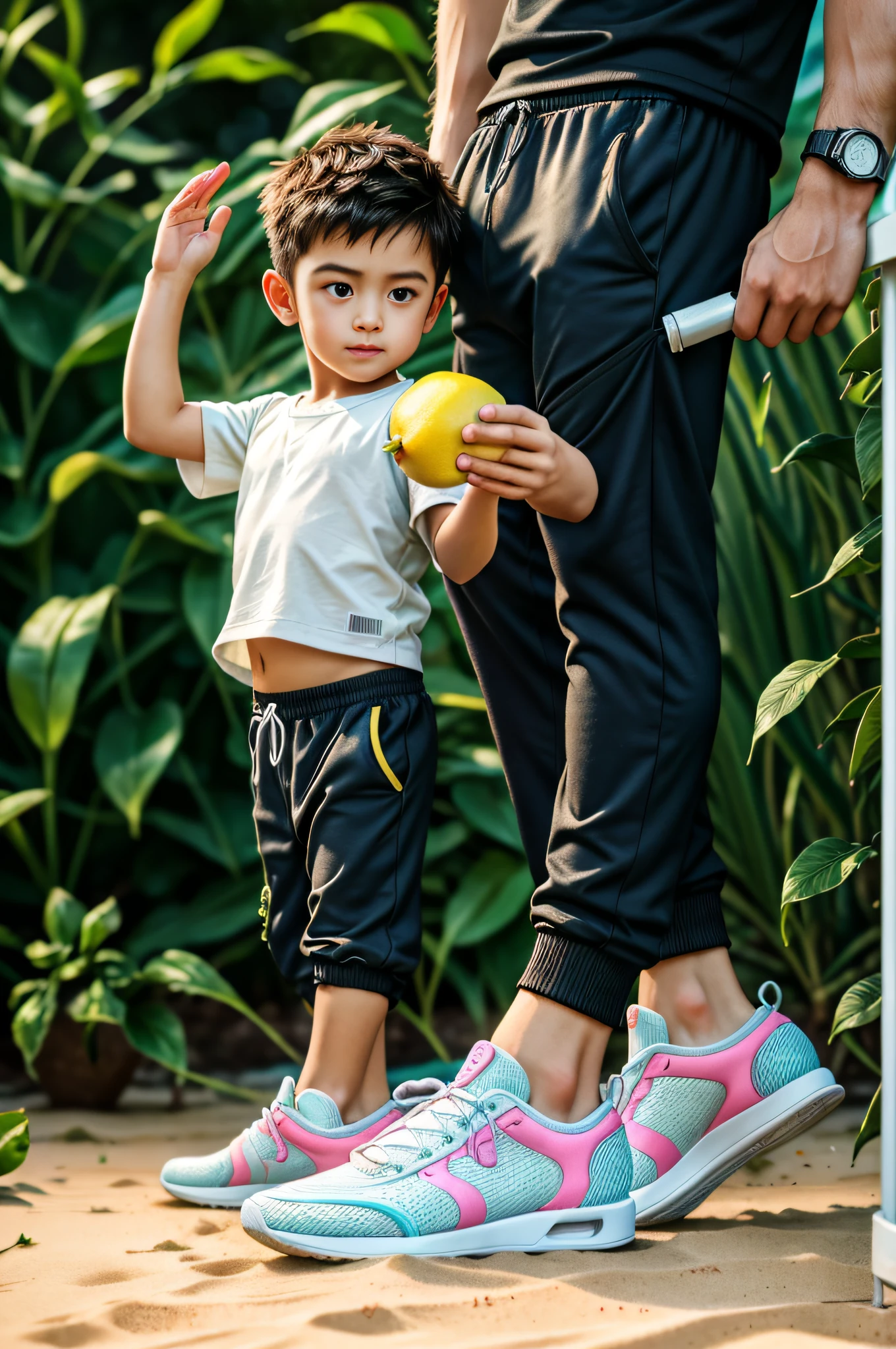 Best quality, offical wallpaper, 1boy, Drink soda in a lemon garden,  Realistic, Photorealistic,  (EOS R8,50 millimeters,F1.2,8K,RAW photo:1.2), Bokeh,Beach pants，sockes，athletic sneakers