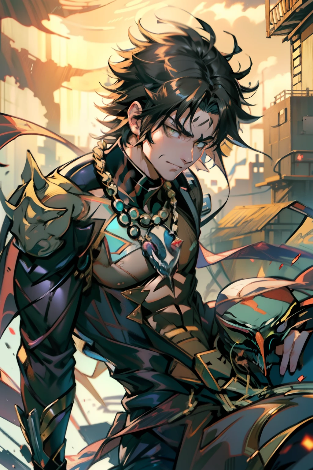 《the original god》Arataki Kazuto , male people,,((Masterpiece)), ((Best quality)), Ultra detailed,((illustration)), Dynamic Angle, Detailed light, (Delicate eyes), Floating, 1boy, Male focus, Head, Clothing, Yellow eyes, necklace, tattoo, (Forehead:0.8), (ahoge:0.8), jewelry, apathy,Ray, chest muscle, Sexy , Venom symbiote for your body, Black mucus of the body , (into venom), Venom,frontage,style of anime4 K, 4K anime wallpaper, Badass anime 8 K, 4 k comic wallpaper, young anime man, Anime boys, Anime wallpapers 4 k, Anime wallpaper 4K, High quality anime art style, Anime moe art style, Anime art wallpaper 8 K, Anime art wallpaper 4 K, RGB lighting
