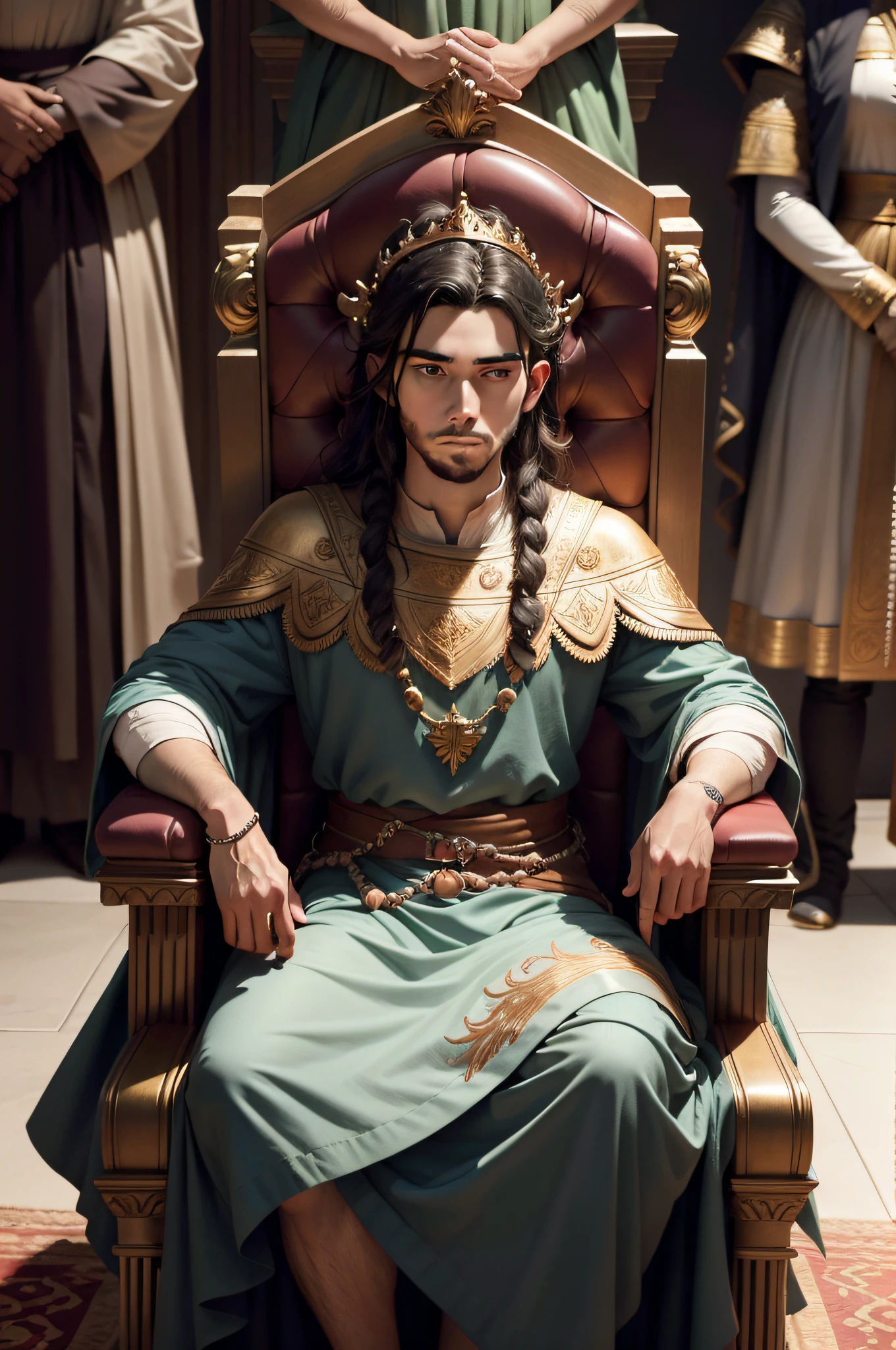 Josh, vestido com roupas finas e joias brilhantes, is seated on a majestic throne. The throne room is full of people surrounding him, seeking your guidance and advice. While he listens intently to the troubles brought by his subjects, Joseph stands out as a wise and righteous leader.