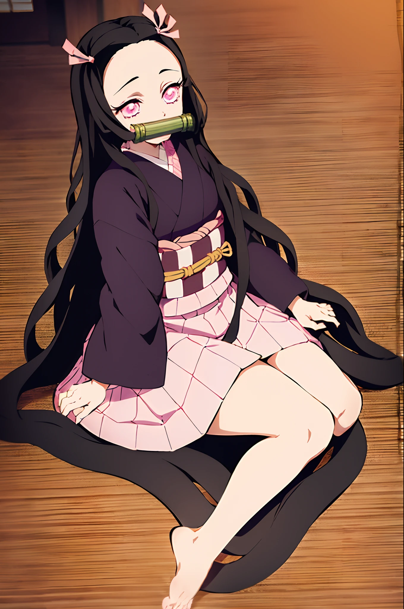 kamado nezuko, kimetsu no yaiba style, 1girl, black hair, forehead,full body, hair ribbon, japanese clothes, kimono, long hair, multicolored hair, pink eyes, pink kimono, pink ribbon, ribbon, very long hair, gagged, bit gag, ((masterpiece)) ((Full body))