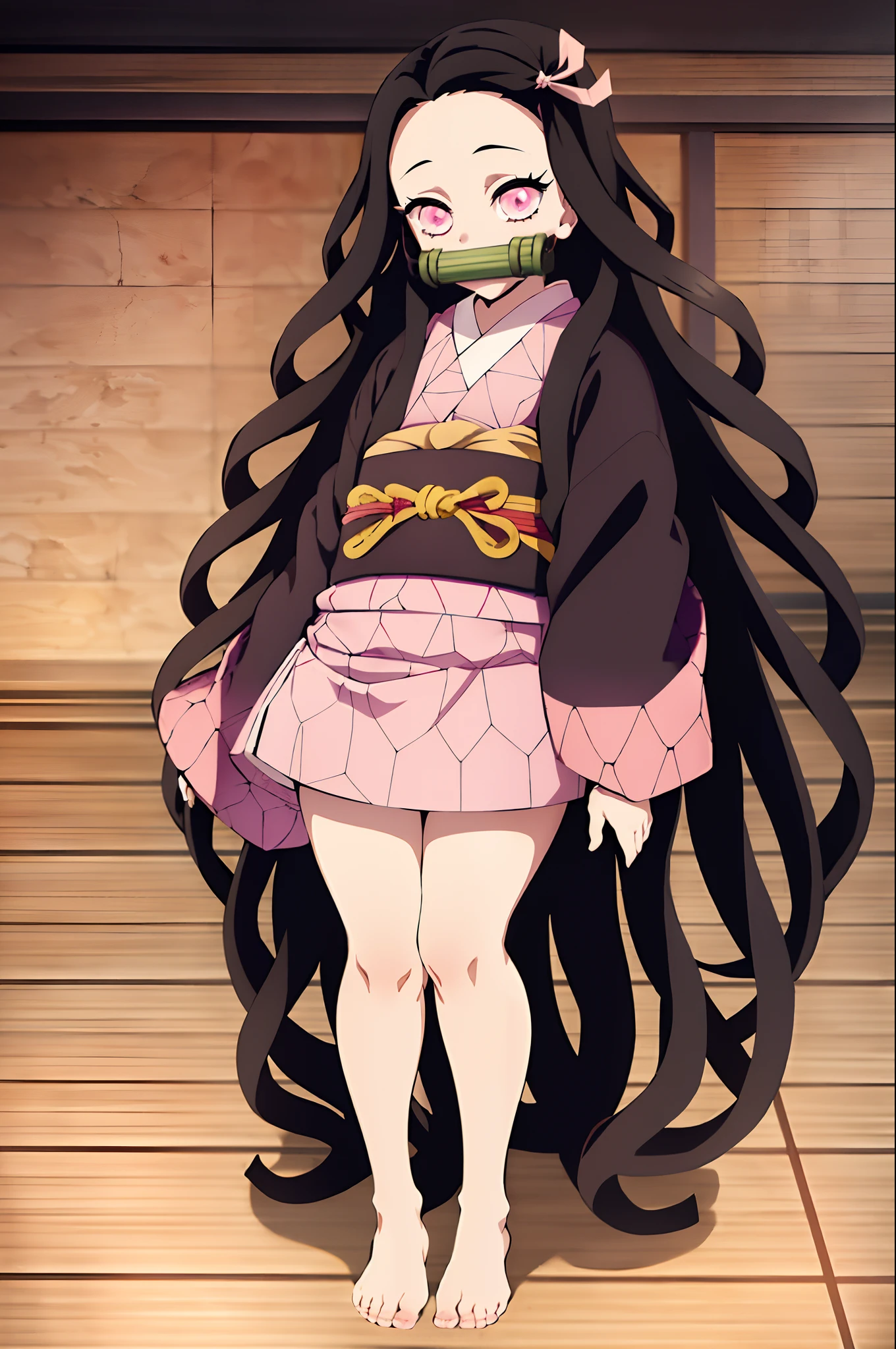 kamado nezuko, kimetsu no yaiba style, 1girl, black hair, forehead,full body, hair ribbon, japanese clothes, kimono, long hair, multicolored hair, pink eyes, pink kimono, pink ribbon, ribbon, very long hair,  gagged, bit gag,  ((masterpiece)) ((Full body))