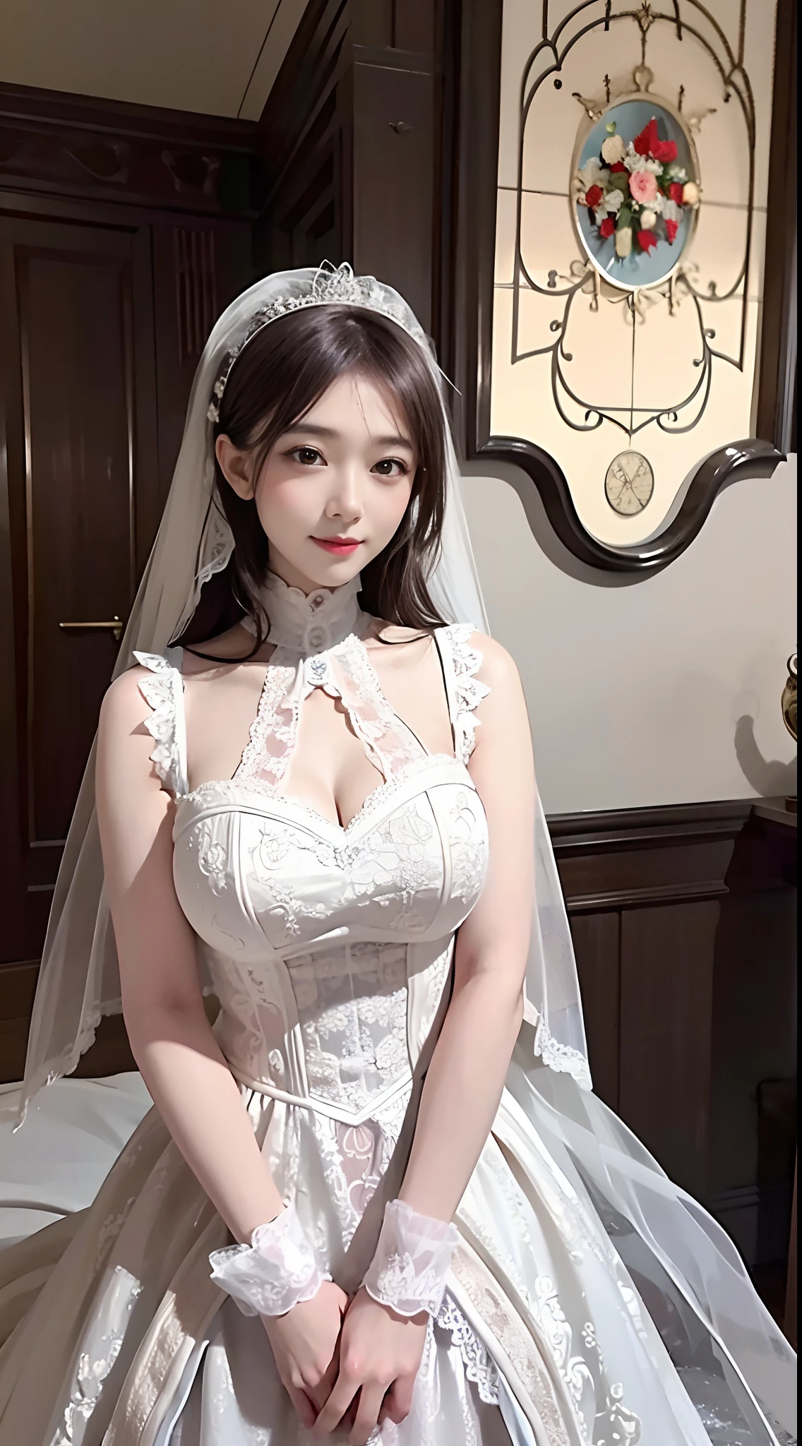 Official Art, Unity 8k wallpaper, super detailed, beautiful, beautiful, masterpiece, best quality,
soft, atmospheric, warm, romantic, happiness, literature, art, fashion, victorian, decoration, intricate, ironwork, white lace, wedding dress, veil, contemplation, emotional depth, supernatural, smile, big round breasts,