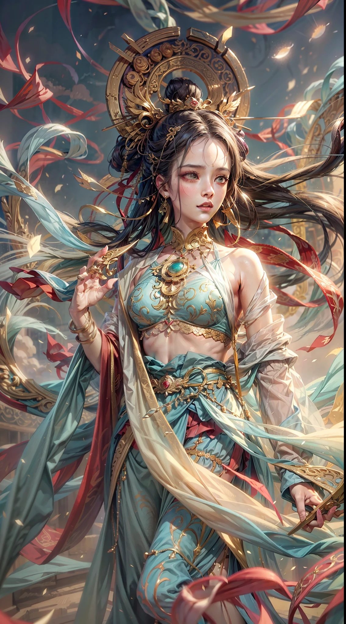 best quality, masterpiece, extremely detailed CG, game cg, 1 girl, full body, an extremely delicate and beautiful girl, extremely detailed eyes and face, beautiful detailed glow,dunhuang_cloths, overexposure,flying apsaras,dunhuang_style,dunhuang_background,dunhuang_dress,dunhuang_fan,medium breast,auspicious clouds, illustration, cinematic lighting, best shadow