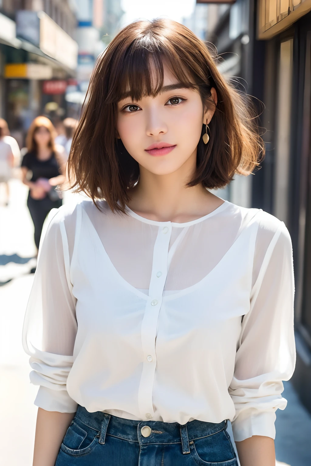 (8k, RAW photos, top quality, masterpiece: 1.2), ultra detailed, super resolution, (real, real photos: 1.37), portraits, high definition RAW color photos, professional photos, very detailed and beautiful, highly detailed, 8k wallpapers, amazing details, huge file size, official art, highly detailed CG Unity 8k wallpapers, highly detailed beautiful girls, highly detailed facesHighly detailed eyes, highly detailed skin, highly detailed fingers, highly detailed nose, highly detailed mouth, perfect anatomy, highly detailed background, highly detailed clothing, one girl, (18:1.2), , cute girl, famous Japan idol, cute, realistic body, petite, white skin, radiant skin, slim body, handsome body, brown hair, short curly hair, (blunt bangs: 1.2) , smile, cute, youthful, pretty face, realistic face, delicate eyes, sagging eyes, white shirt, skirt, earrings, camera gaze, cowboy shot, front-facing, standing, contrappost, high street, dynamic lighting,