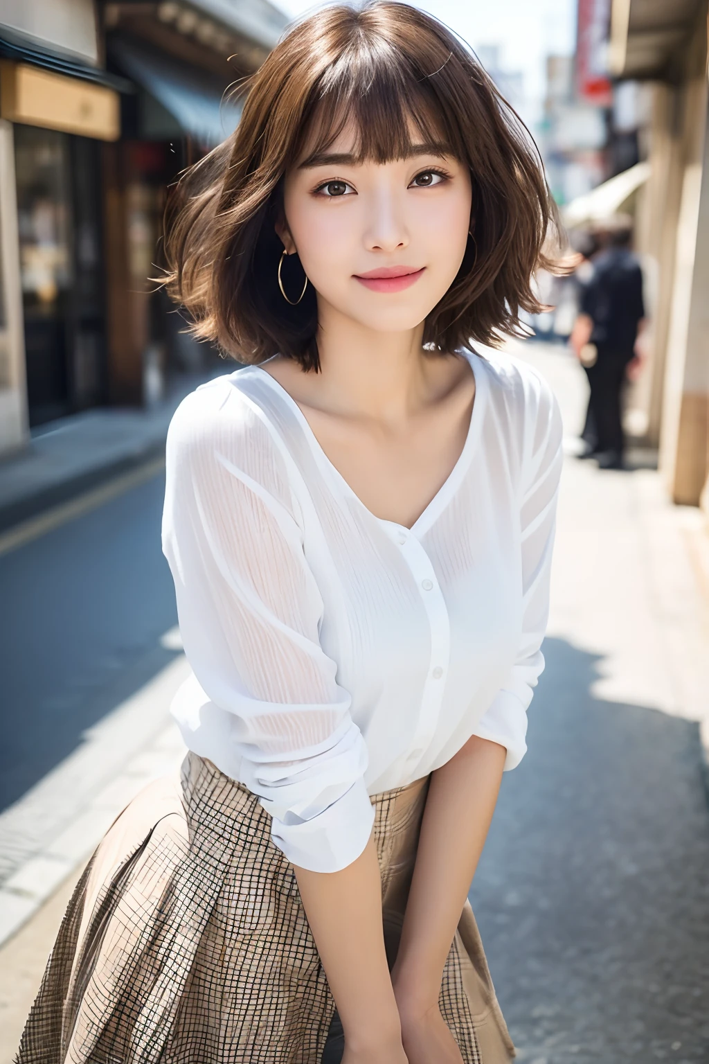 (8k, RAW photos, top quality, masterpiece: 1.2), ultra detailed, super resolution, (real, real photos: 1.37), portraits, high definition RAW color photos, professional photos, very detailed and beautiful, highly detailed, 8k wallpapers, amazing details, huge file size, official art, highly detailed CG Unity 8k wallpapers, highly detailed beautiful girls, highly detailed facesHighly detailed eyes, highly detailed skin, highly detailed fingers, highly detailed nose, highly detailed mouth, perfect anatomy, highly detailed background, highly detailed clothing, one girl, (18:1.2), , cute girl, famous Japan idol, cute, realistic body, petite, white skin, radiant skin, slim body, handsome body, brown hair, short curly hair, (blunt bangs: 1.2) , smile, cute, youthful, pretty face, realistic face, delicate eyes, sagging eyes, white shirt, skirt, earrings, camera gaze, cowboy shot, front-facing, standing, contrappost, high street, dynamic lighting,