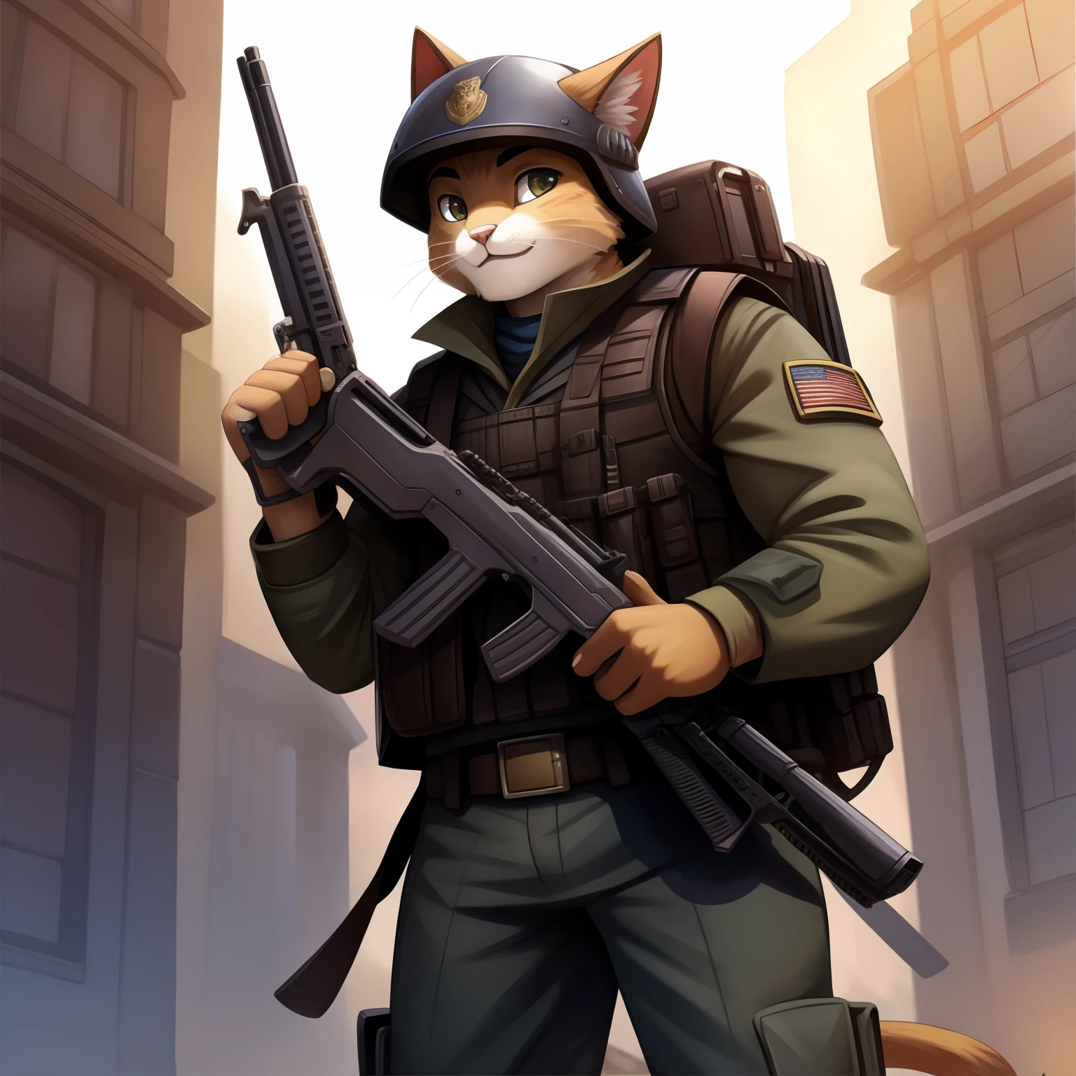 Cat, soldiers, vest, helmet, gun ak47