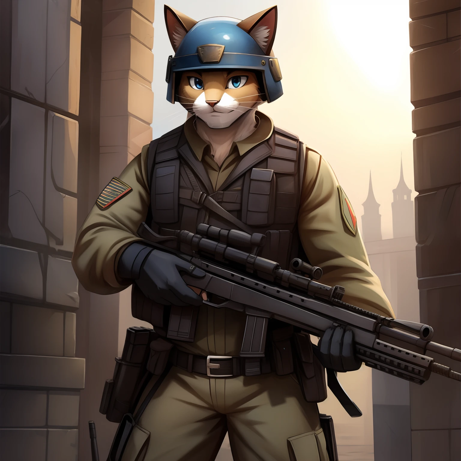 Cat, soldiers, vest, helmet, gun ak47