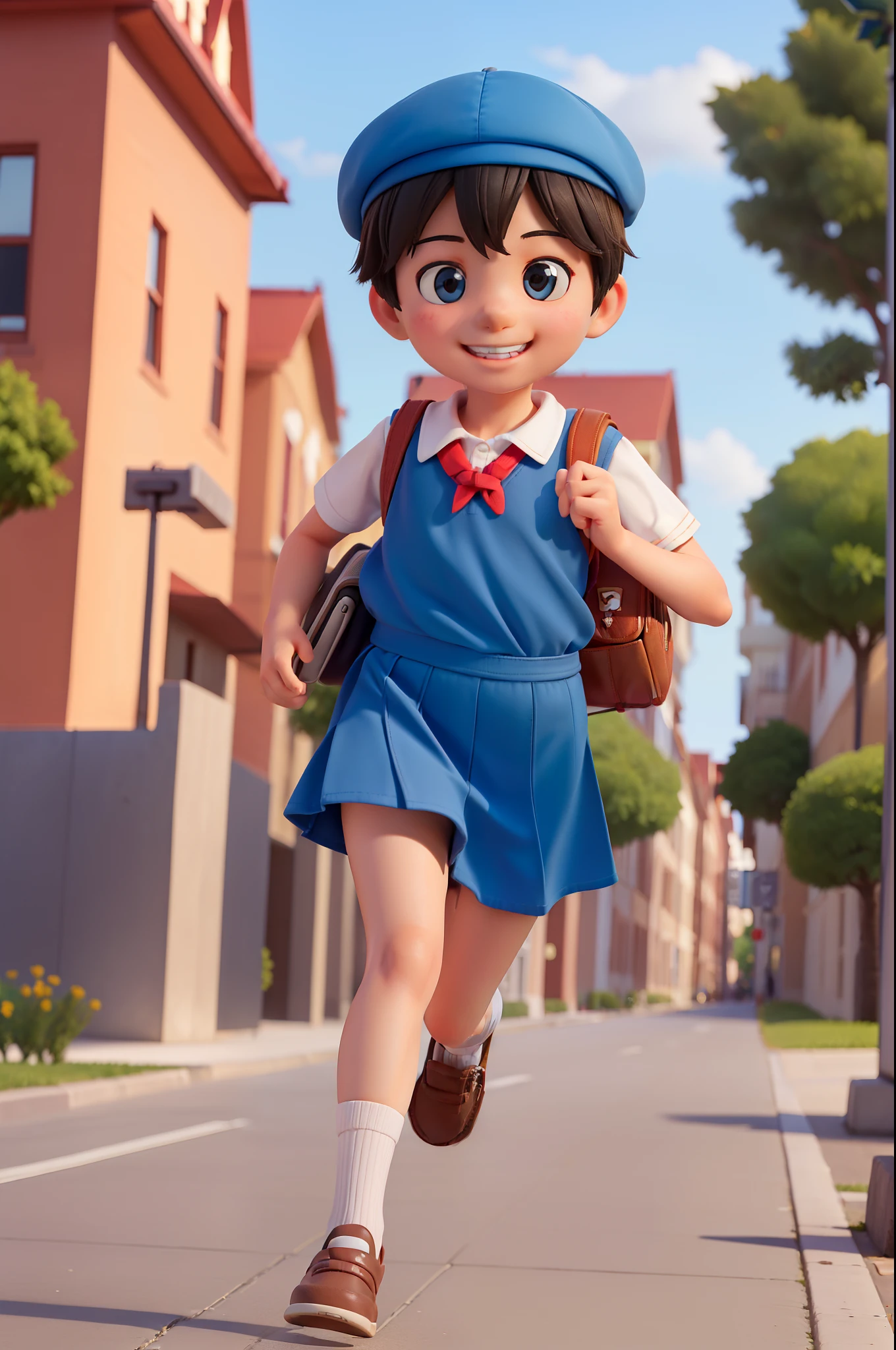 ((A boy runs with a school bag)), (Cute and innocent), (Simple smile), (Student dress-up), (Innocence and childlikeness), (Children's style), (High quality materials)，Ultra HD retina level，tmasterpiece，High-resolution display，super detailing，a realistic style，((Campus background))，Highlight the cute image and innocence of elemen