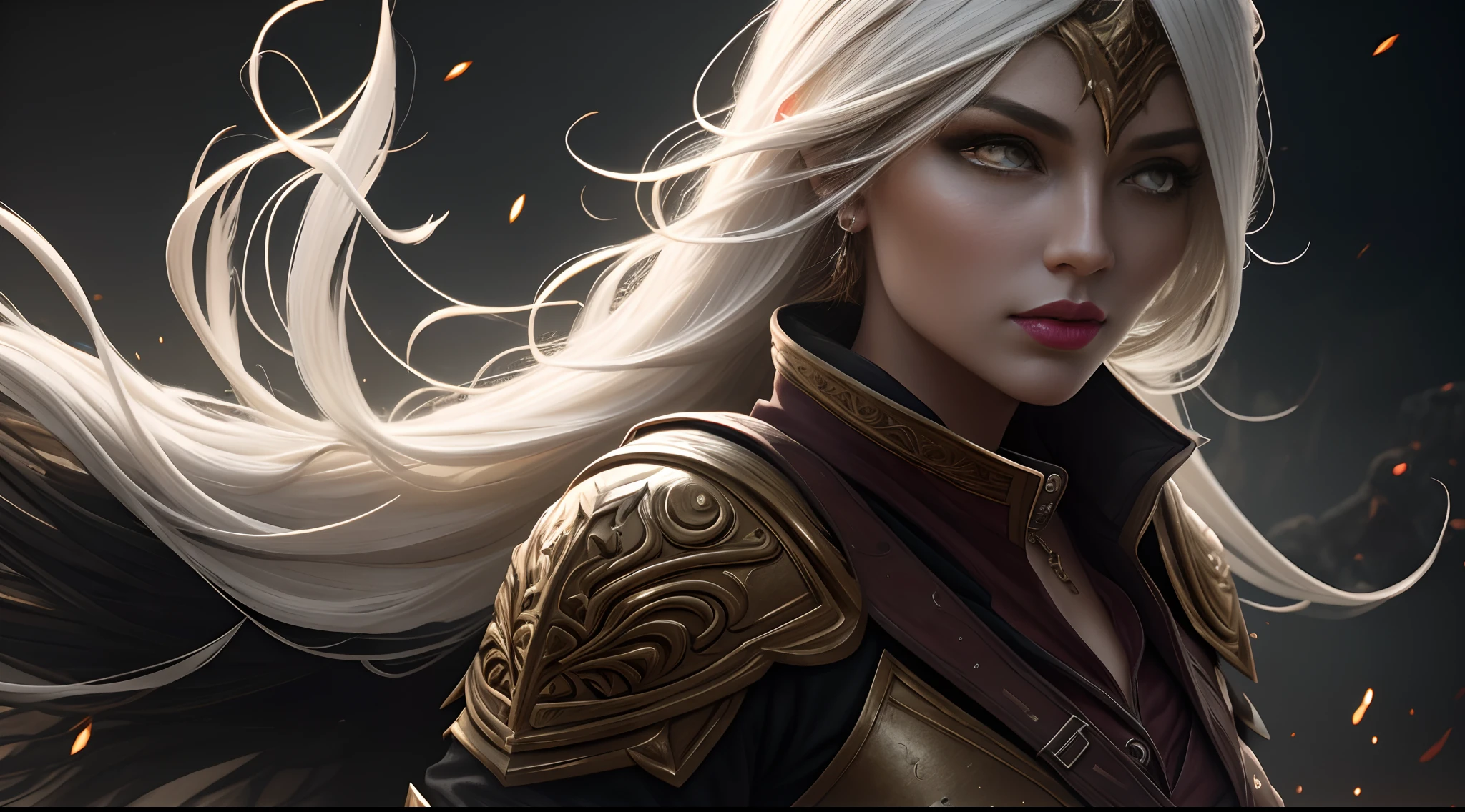 ((masterpiece, ultra detailed)), concept art, illustration, digital art, 1girl, solo, mature woman, Highnoon_Ashe, yellow_eyes, white hair, long hair, armor, ((stunningly beautiful)), medium breasts, beautiful eyes, beautiful body, dynamic pose, battle-stance ready, stylish pose, dark theme, backlight, cinematic lighting, soft lighting, natural lighting, dramatic lighting, dark lighting, (ornate), intricate, highly detailed, hyper realistic, trending on artstation, award winning, fascinating, elegant, RAW photo, absurdres, highres, 4k, studio quality, octane render, 8k uhd, close-up