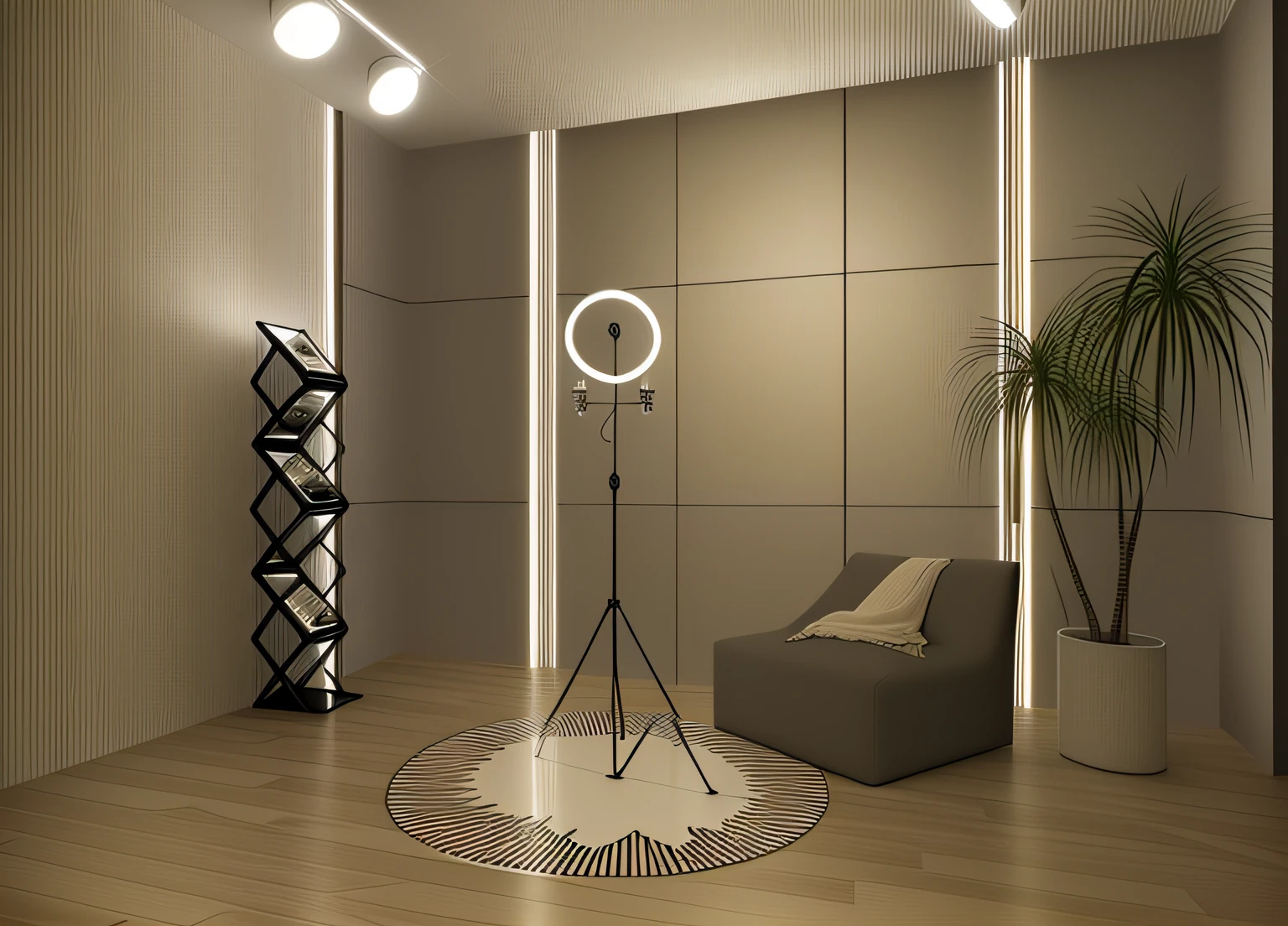 There was a room with chairs, a lamp, and a plant, studio ambient lighting, photograph of 3d ios room, Modern studio light pastel colors, cinematic accent lighting, room lighting, gentle ambient lighting, indoor soft lighting, 8K stereoscopic lighting, ringlights, Soft lighting 8K, soft volumetric lighting, Ring lighting, 8K. voluminetric lighting