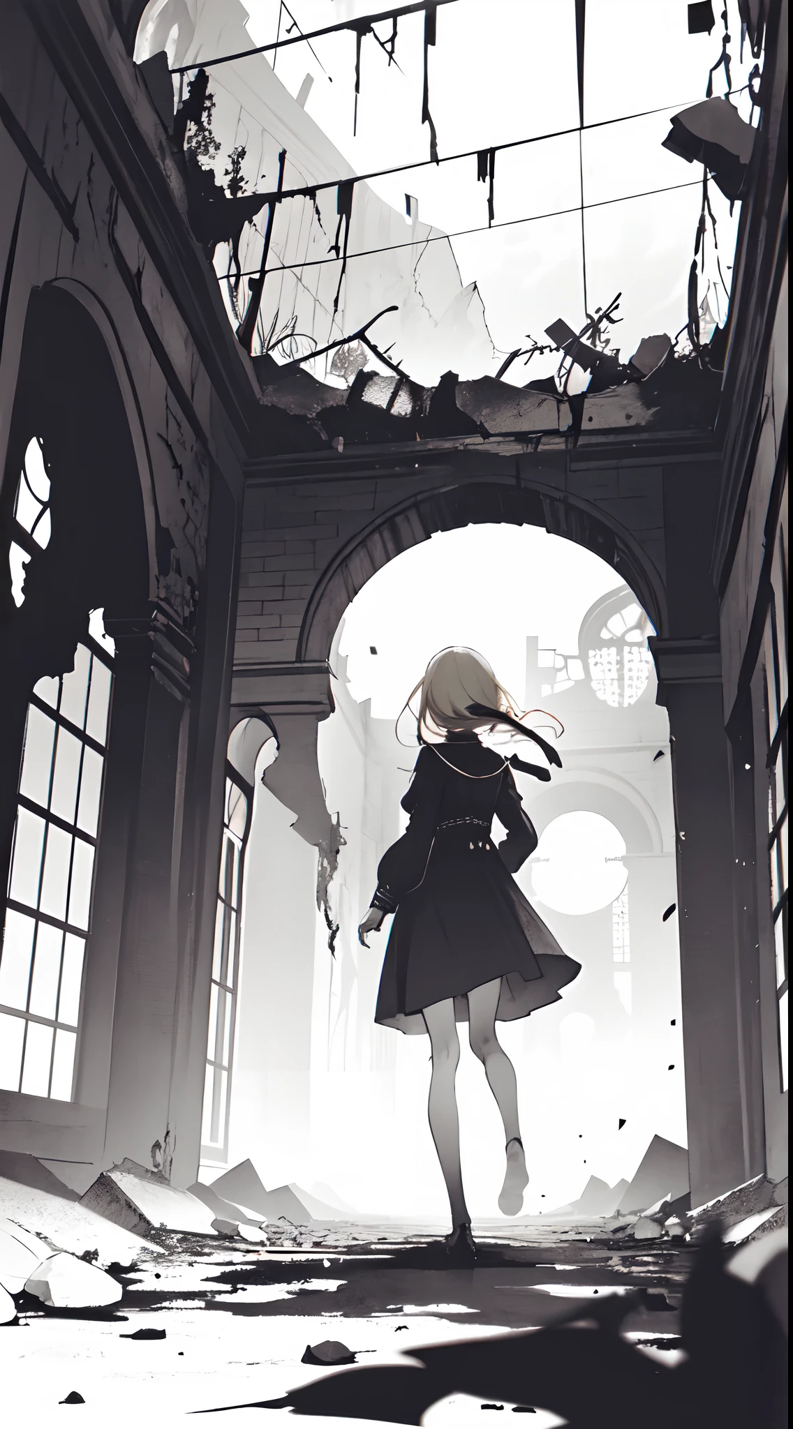 Within the ruins, very dark chaos vibes, there was a blonde haired girl, crying under a sky without stars and sun ((monochromatic))