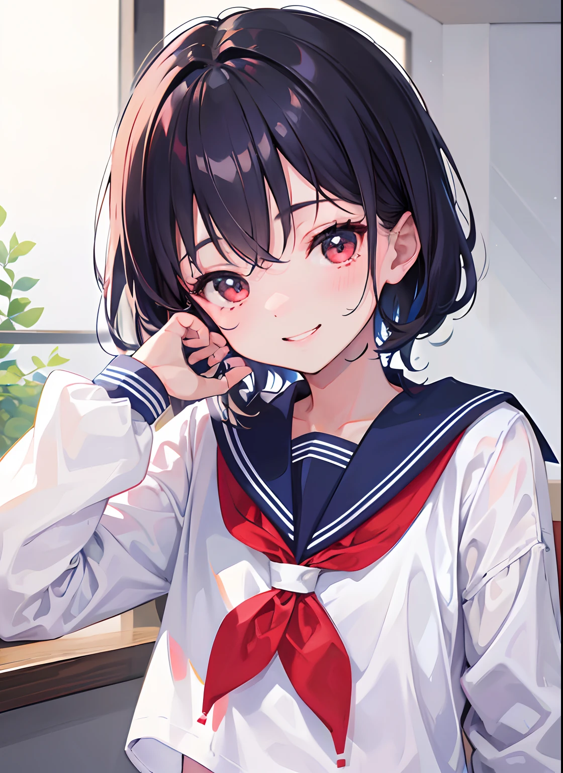 Best quality, tmasterpiece, A high resolution, 1 boy,In sailor suit,Students of the school,facial closeups,Be red in the face,cute smiling
