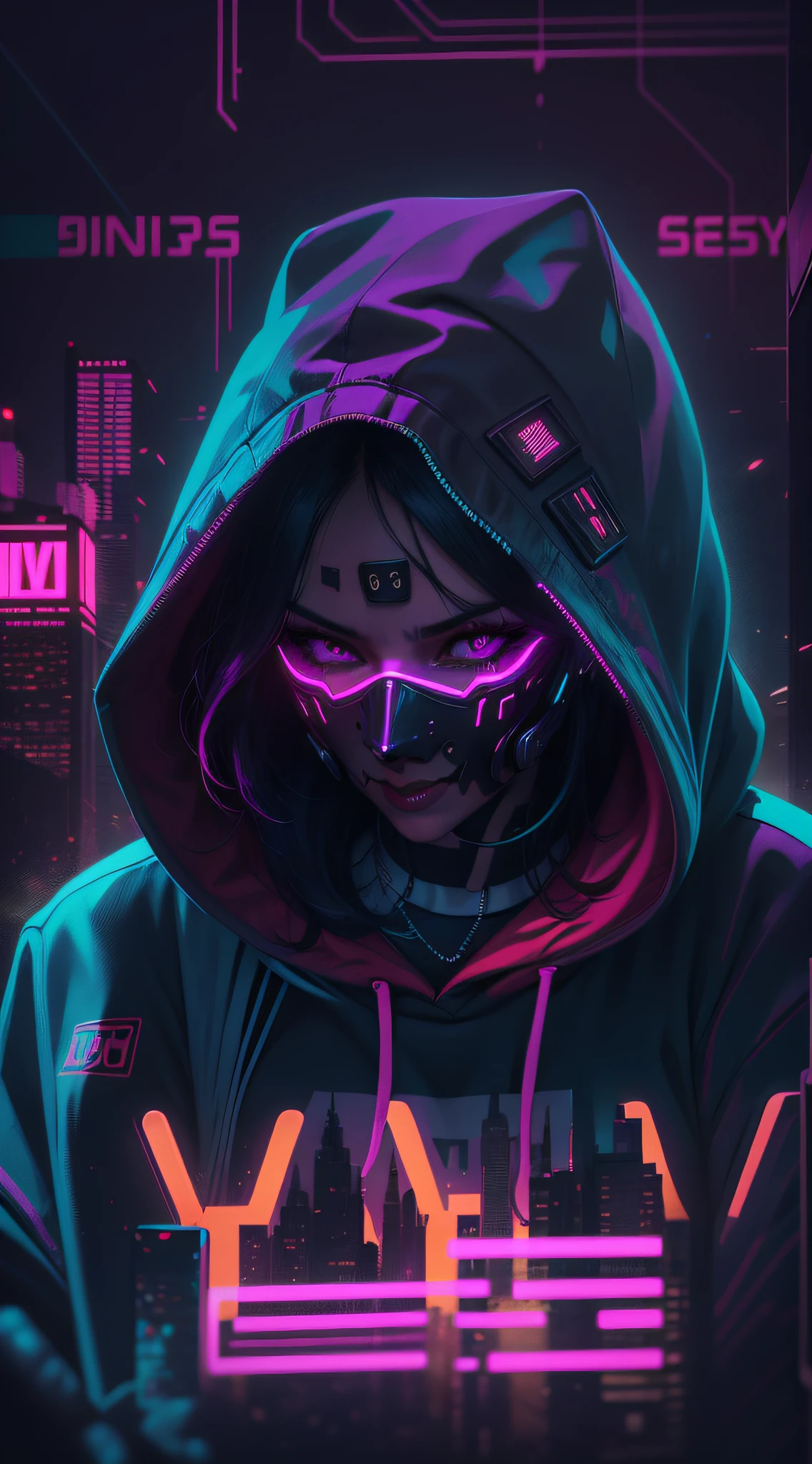 a person in a hoodie with a neon mask on, cyberpunk art by Beeple, pexels contest winner, digital art, ghost neon, neon and dark, profile picture 1024px, background artwork, dark art style, neon cyberpunk, evil smile and glowing eyes, synthwave art, neon noir, cyberpunk art style, scary style, bright cyberpunk glow